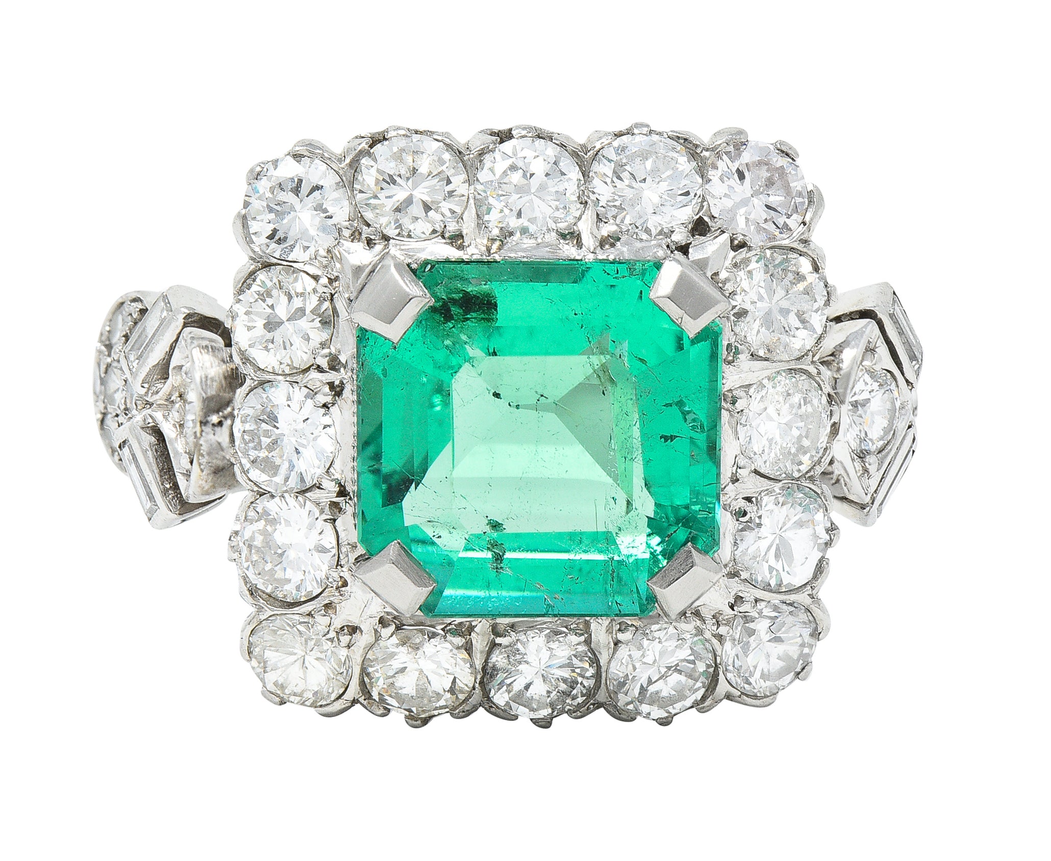 Mid-Century 5.73 CTW Colombian Emerald Transitional Cut Diamond Platinum Vintage Halo Ring GIA Wilson's Estate Jewelry