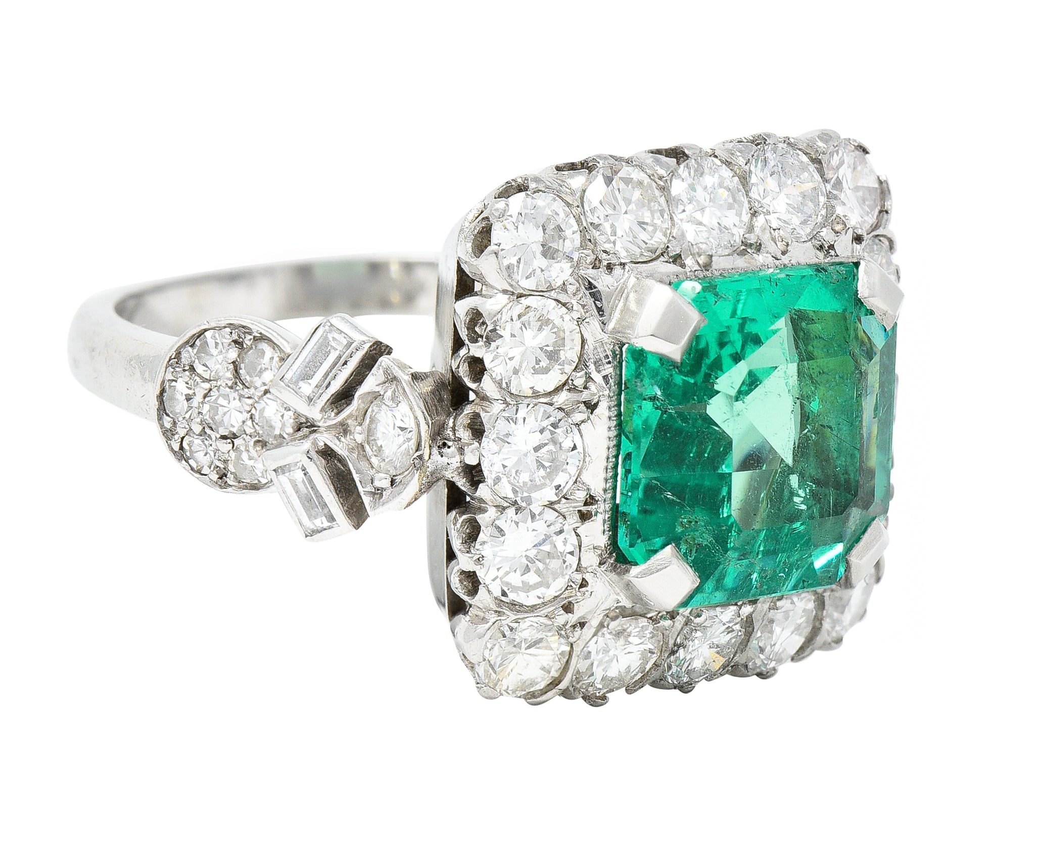 Mid-Century 5.73 CTW Colombian Emerald Transitional Cut Diamond Platinum Vintage Halo Ring GIA Wilson's Estate Jewelry