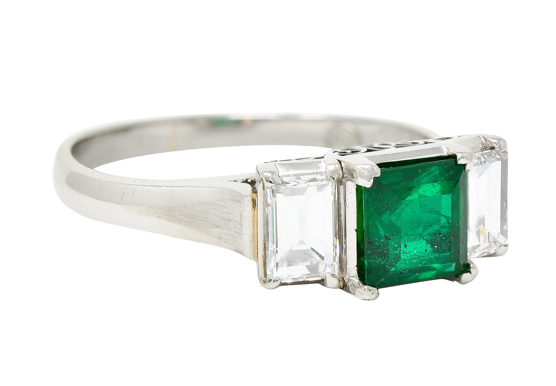 Contemporary 1.44 CTW Emerald Diamond Platinum Three Stone RingRing - Wilson's Estate Jewelry
