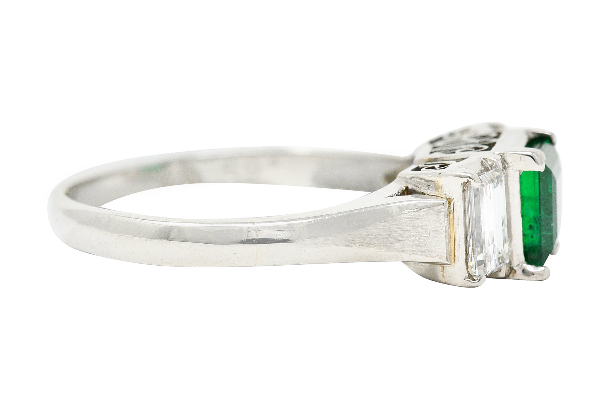 Contemporary 1.44 CTW Emerald Diamond Platinum Three Stone RingRing - Wilson's Estate Jewelry