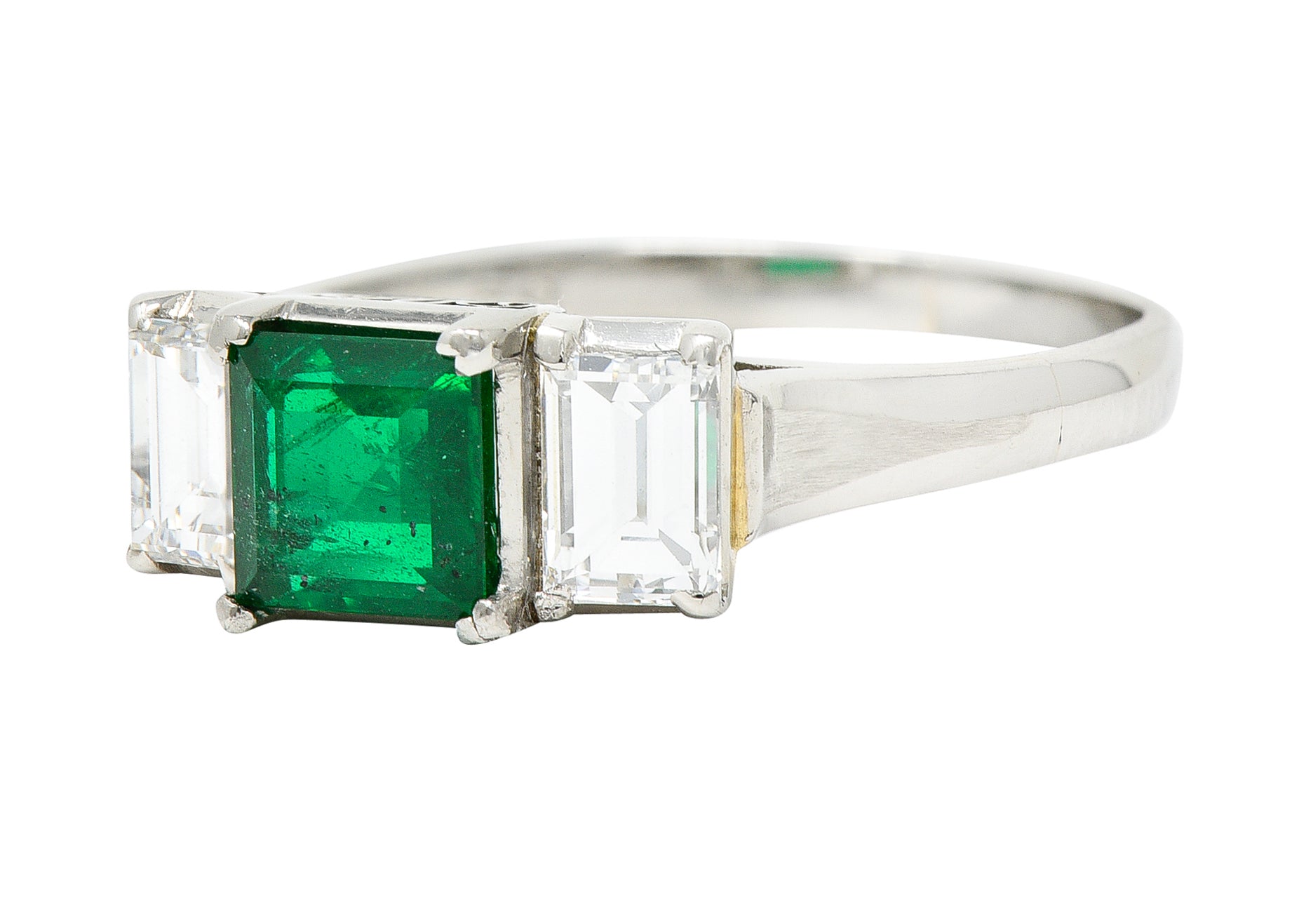 Contemporary 1.44 CTW Emerald Diamond Platinum Three Stone RingRing - Wilson's Estate Jewelry