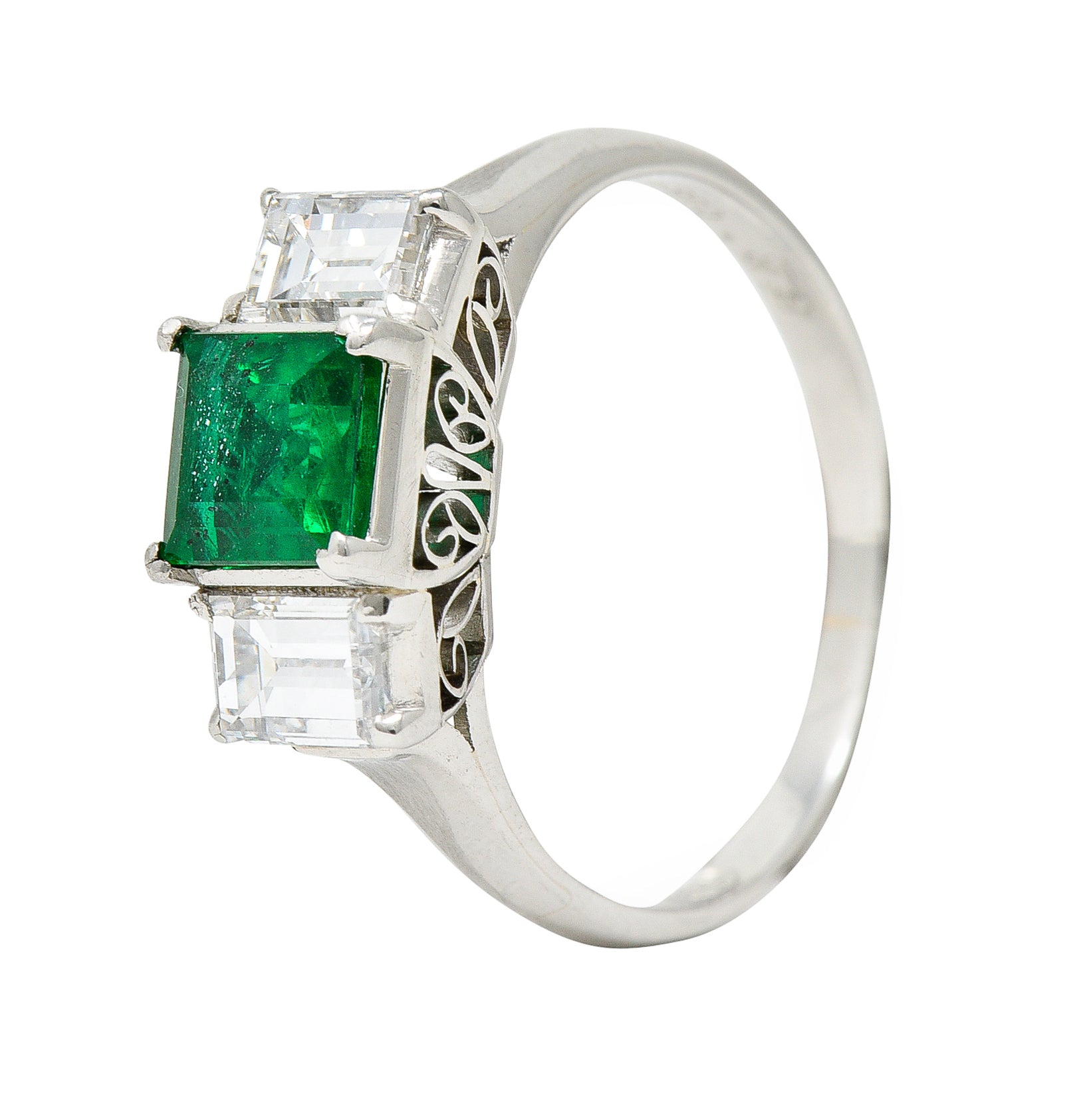 Contemporary 1.44 CTW Emerald Diamond Platinum Three Stone RingRing - Wilson's Estate Jewelry