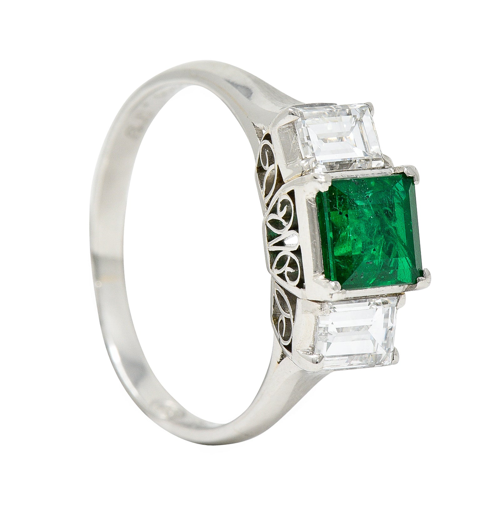 Contemporary 1.44 CTW Emerald Diamond Platinum Three Stone RingRing - Wilson's Estate Jewelry
