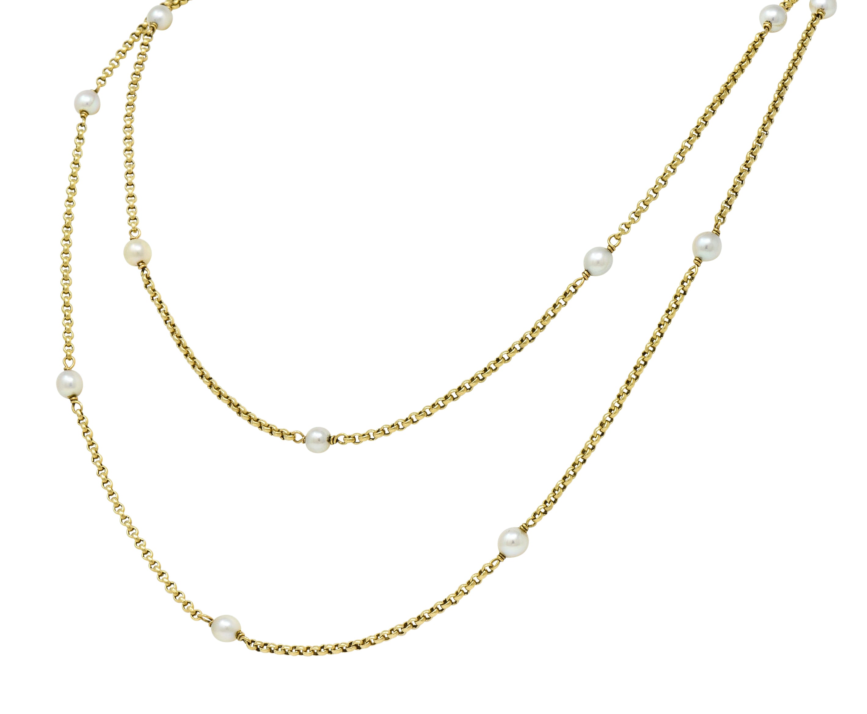 Victorian Pearl 14 Karat Gold 47 Inch Long Chain Station Necklace - Wilson's Estate Jewelry
