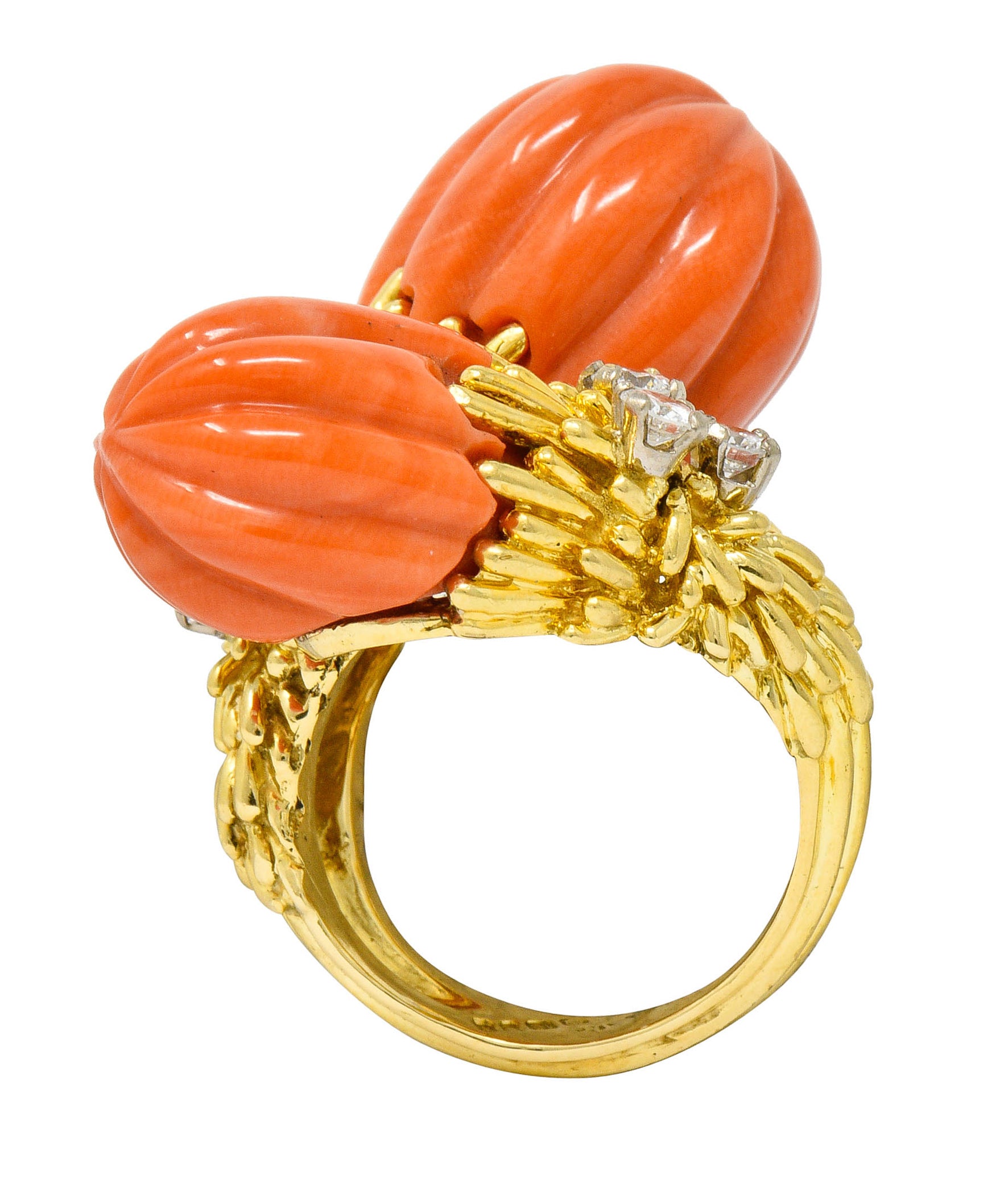 1968 Kutchinsky Diamond Coral 18 Karat Gold Vintage Bypass RingRing - Wilson's Estate Jewelry