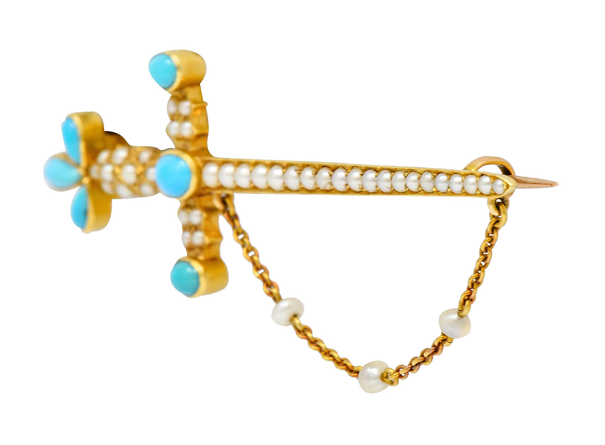 Victorian Natural Freshwater Pearl Turquoise 18 Karat Gold Sword Brooch Circa 1890Brooch - Wilson's Estate Jewelry
