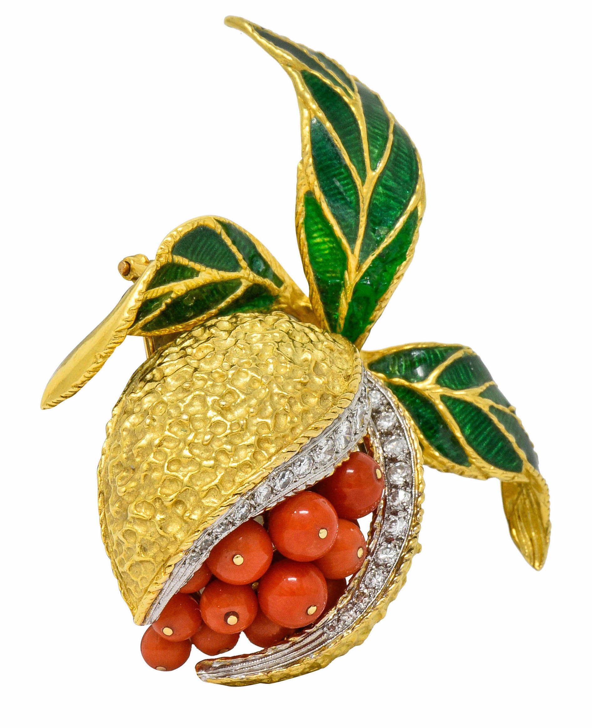 1960's Vintage Diamond Coral Enamel 18 Karat Gold Pomegranate Brooch - Wilson's Estate Jewelry