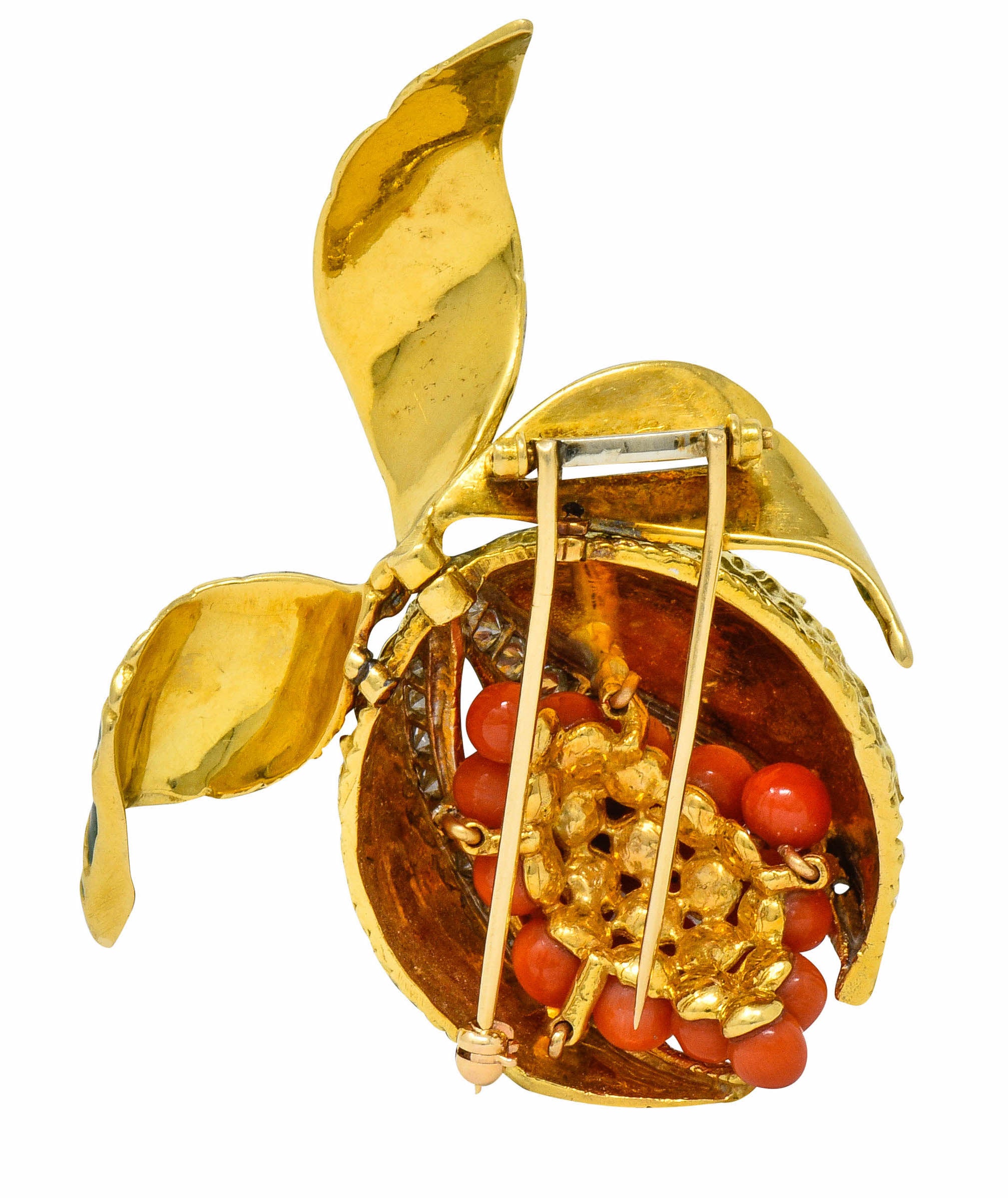 1960's Vintage Diamond Coral Enamel 18 Karat Gold Pomegranate Brooch - Wilson's Estate Jewelry