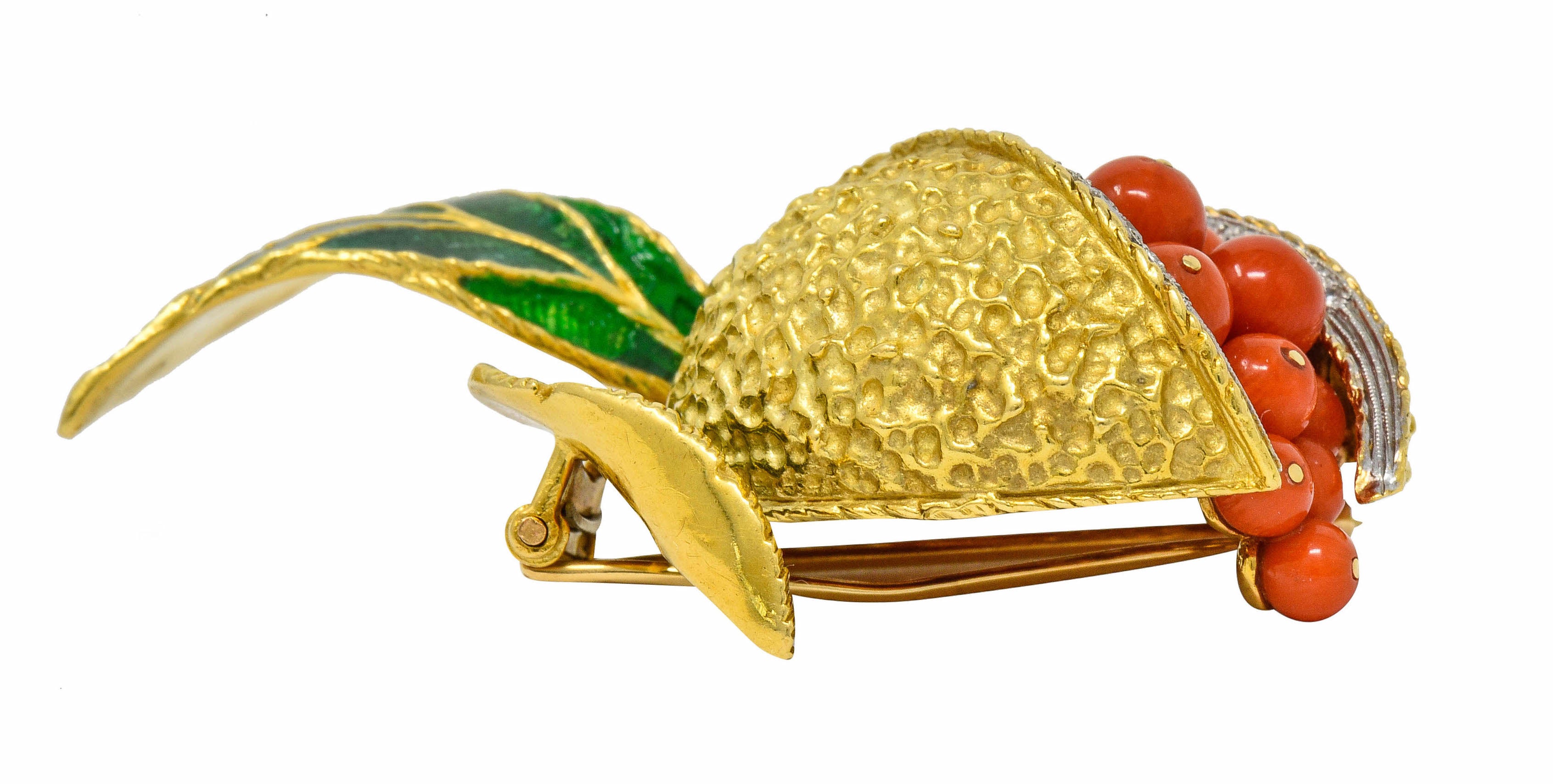 1960's Vintage Diamond Coral Enamel 18 Karat Gold Pomegranate Brooch - Wilson's Estate Jewelry