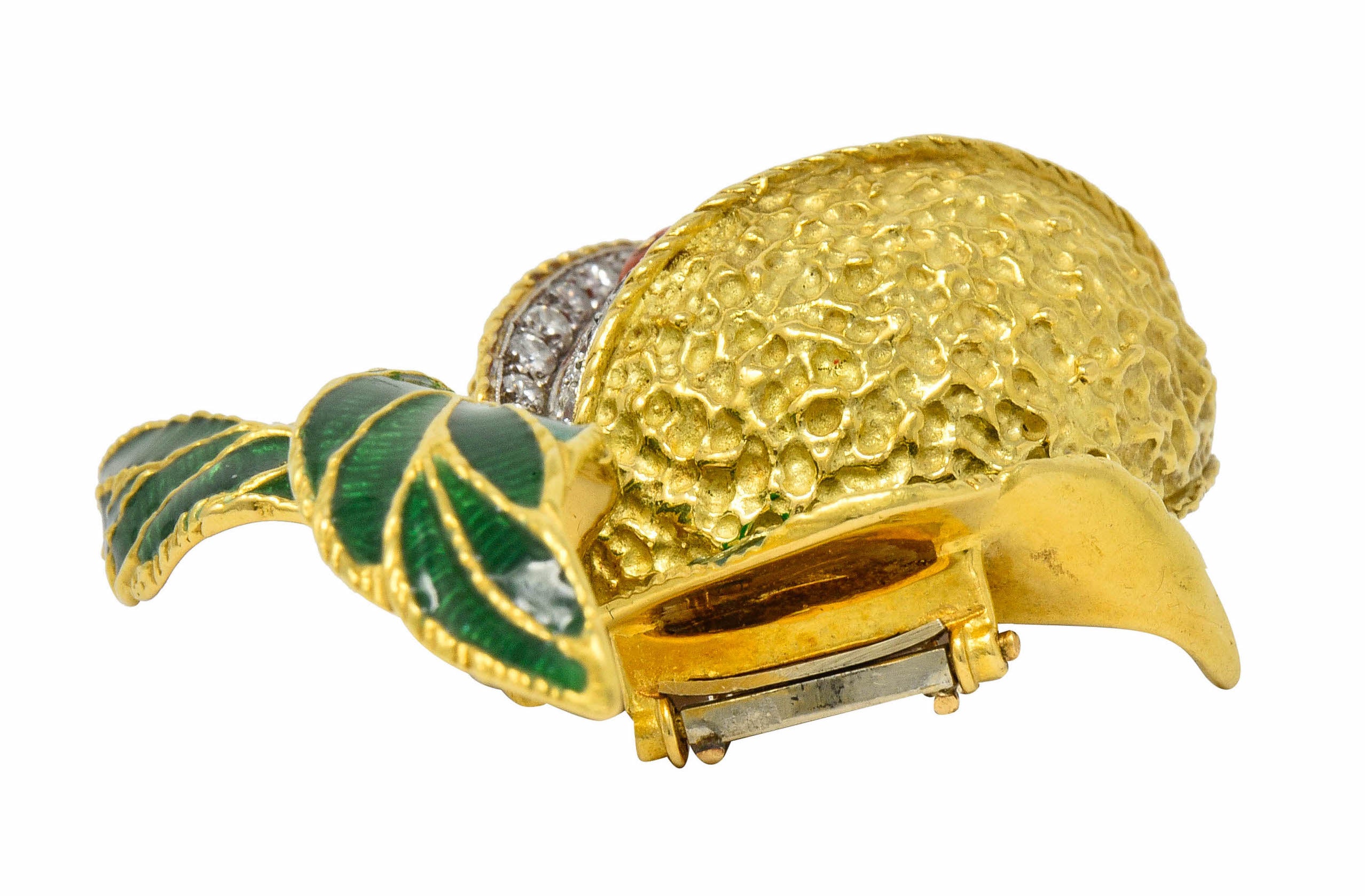1960's Vintage Diamond Coral Enamel 18 Karat Gold Pomegranate Brooch - Wilson's Estate Jewelry