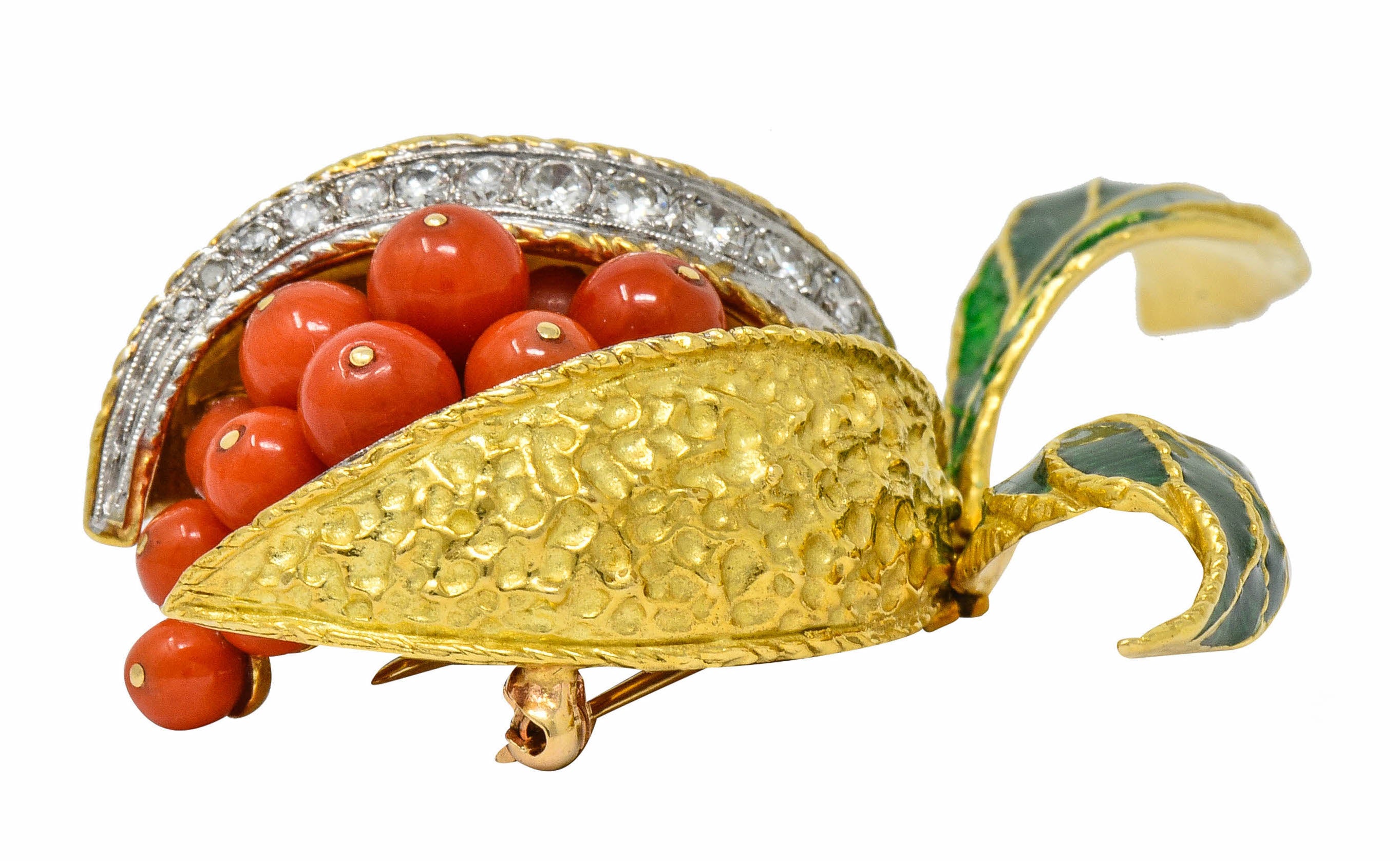 1960's Vintage Diamond Coral Enamel 18 Karat Gold Pomegranate Brooch - Wilson's Estate Jewelry