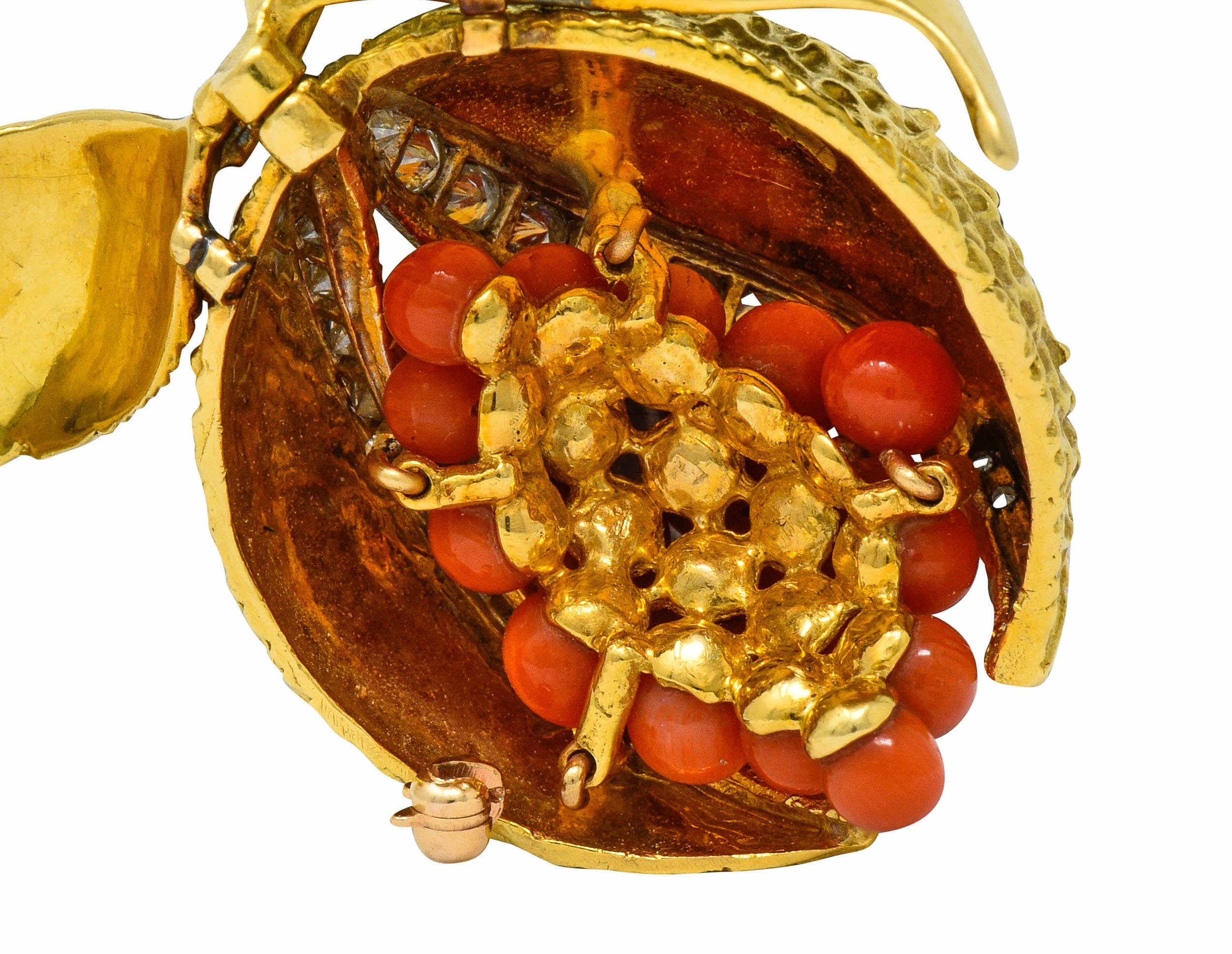 1960's Vintage Diamond Coral Enamel 18 Karat Gold Pomegranate Brooch - Wilson's Estate Jewelry