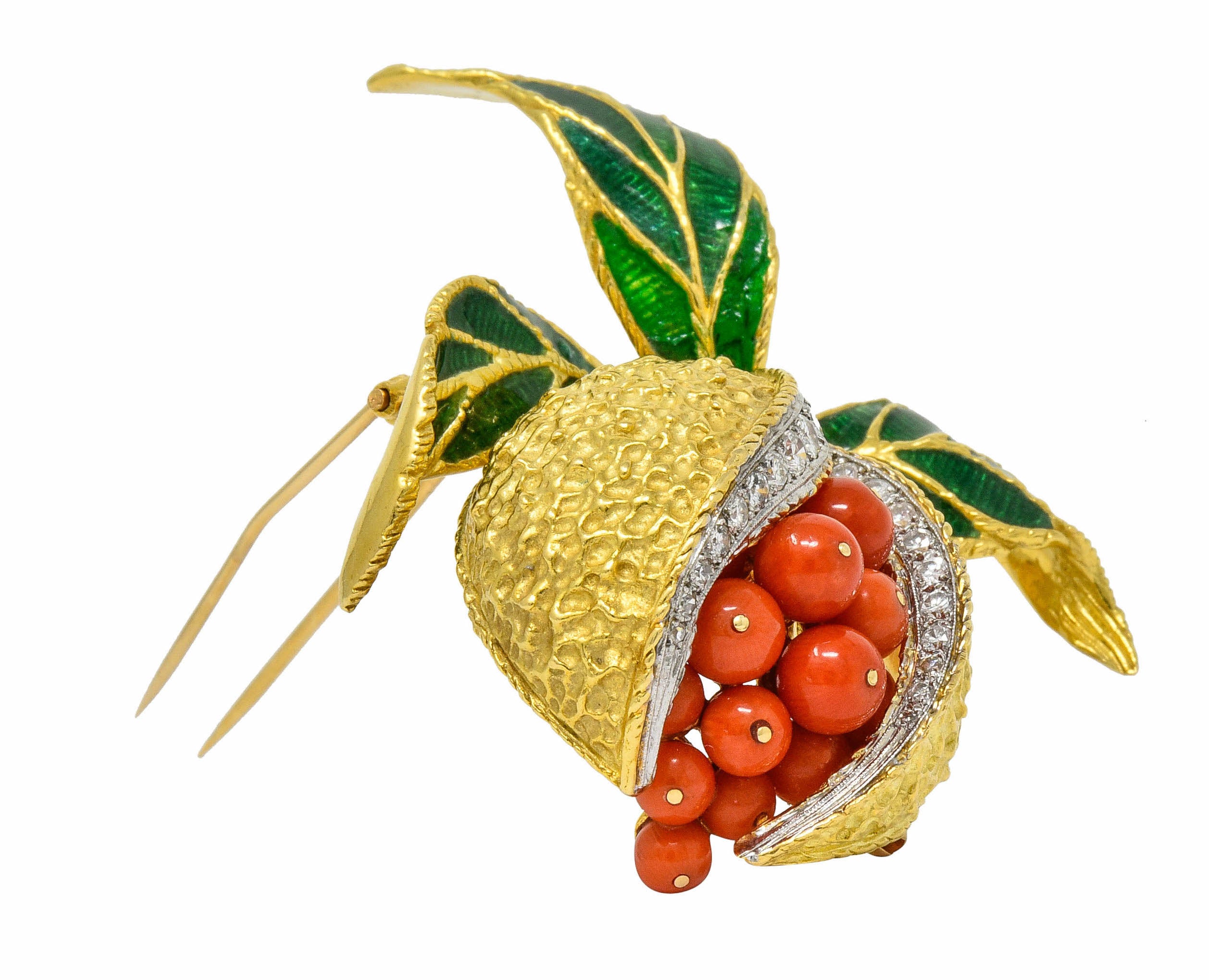 1960's Vintage Diamond Coral Enamel 18 Karat Gold Pomegranate Brooch - Wilson's Estate Jewelry