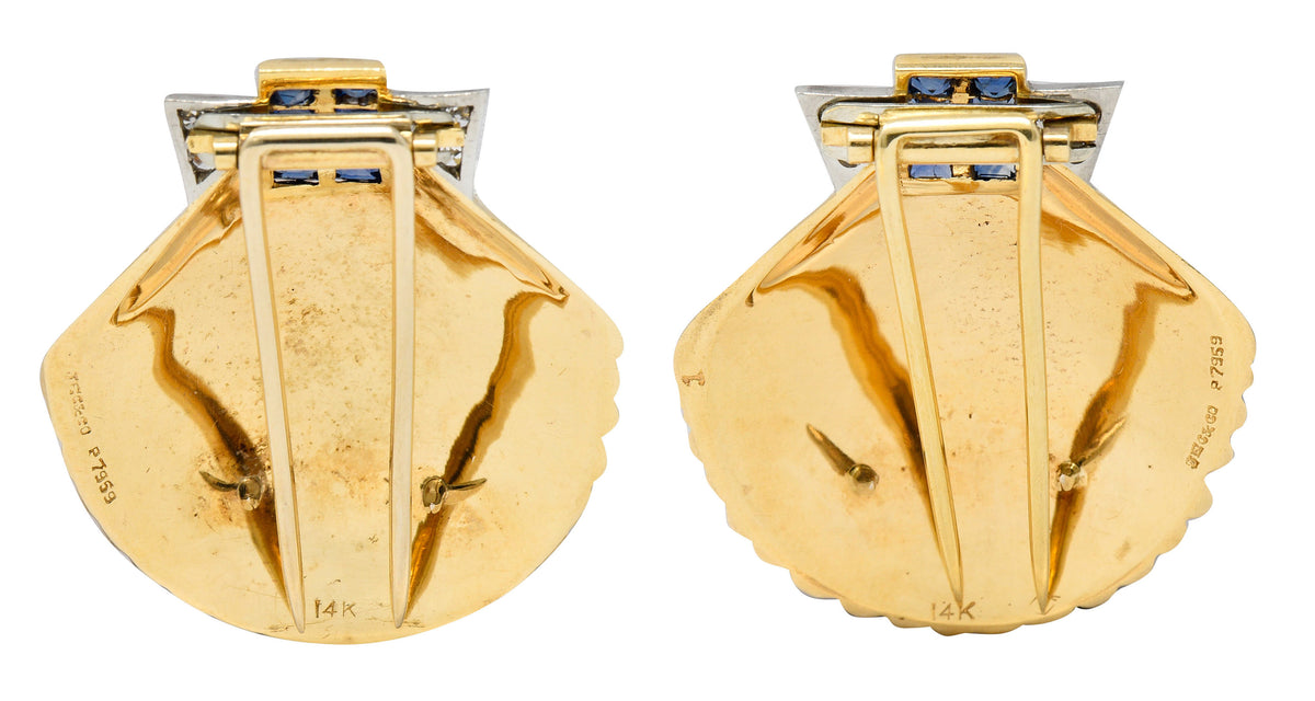 J.E. Caldwell 2.52 CTW Sapphire Diamond 14 Karat Gold Shell Brooch ClipsBrooch - Wilson's Estate Jewelry