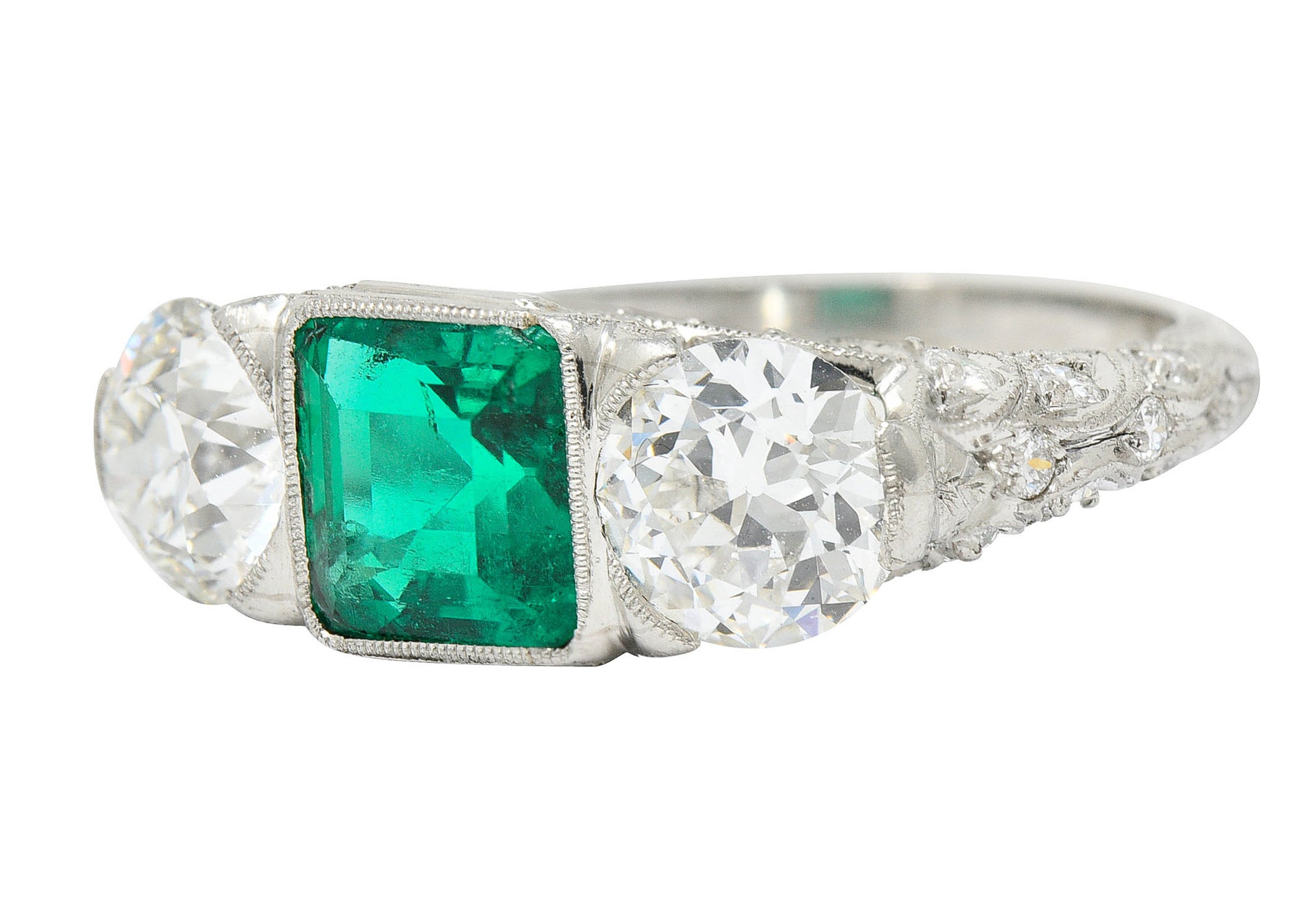 Art Deco 3.30 CTW Diamond Emerald Platinum Three Stone RingRing - Wilson's Estate Jewelry