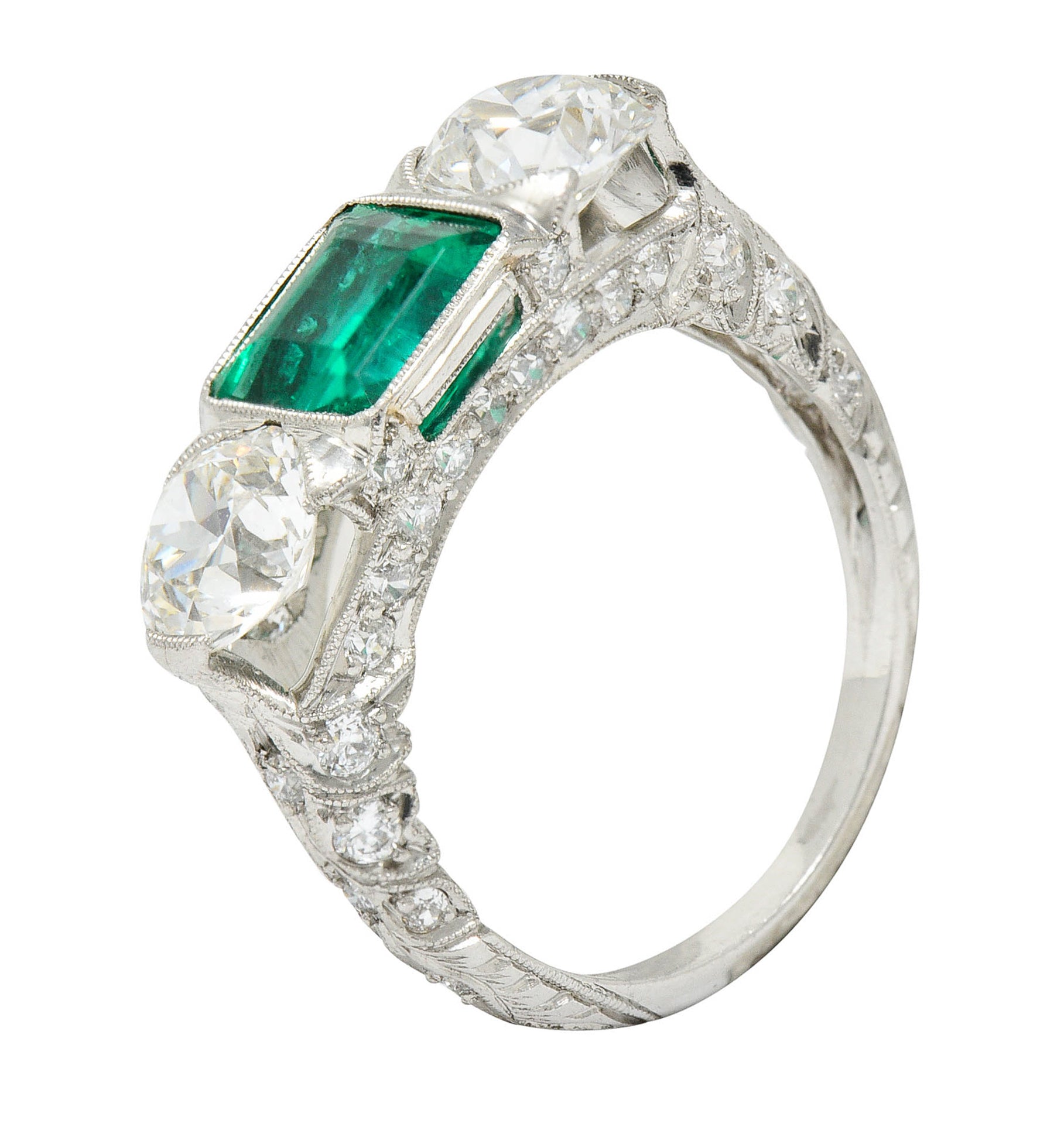 Art Deco 3.30 CTW Diamond Emerald Platinum Three Stone RingRing - Wilson's Estate Jewelry