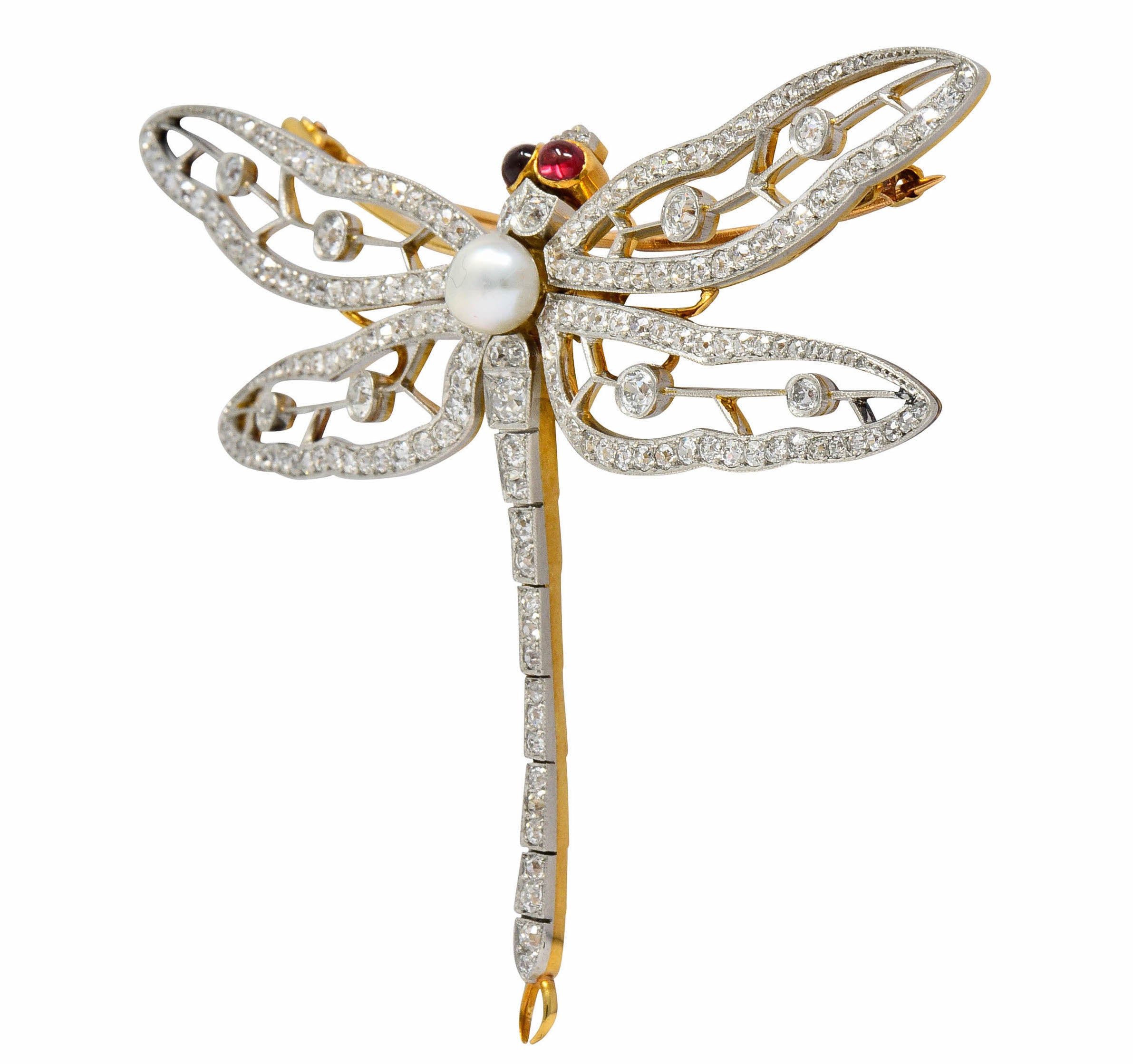 Substantial Edwardian Spinel Pearl Diamond Platinum 18 Karat Gold Dragonfly Broochbrooch - Wilson's Estate Jewelry