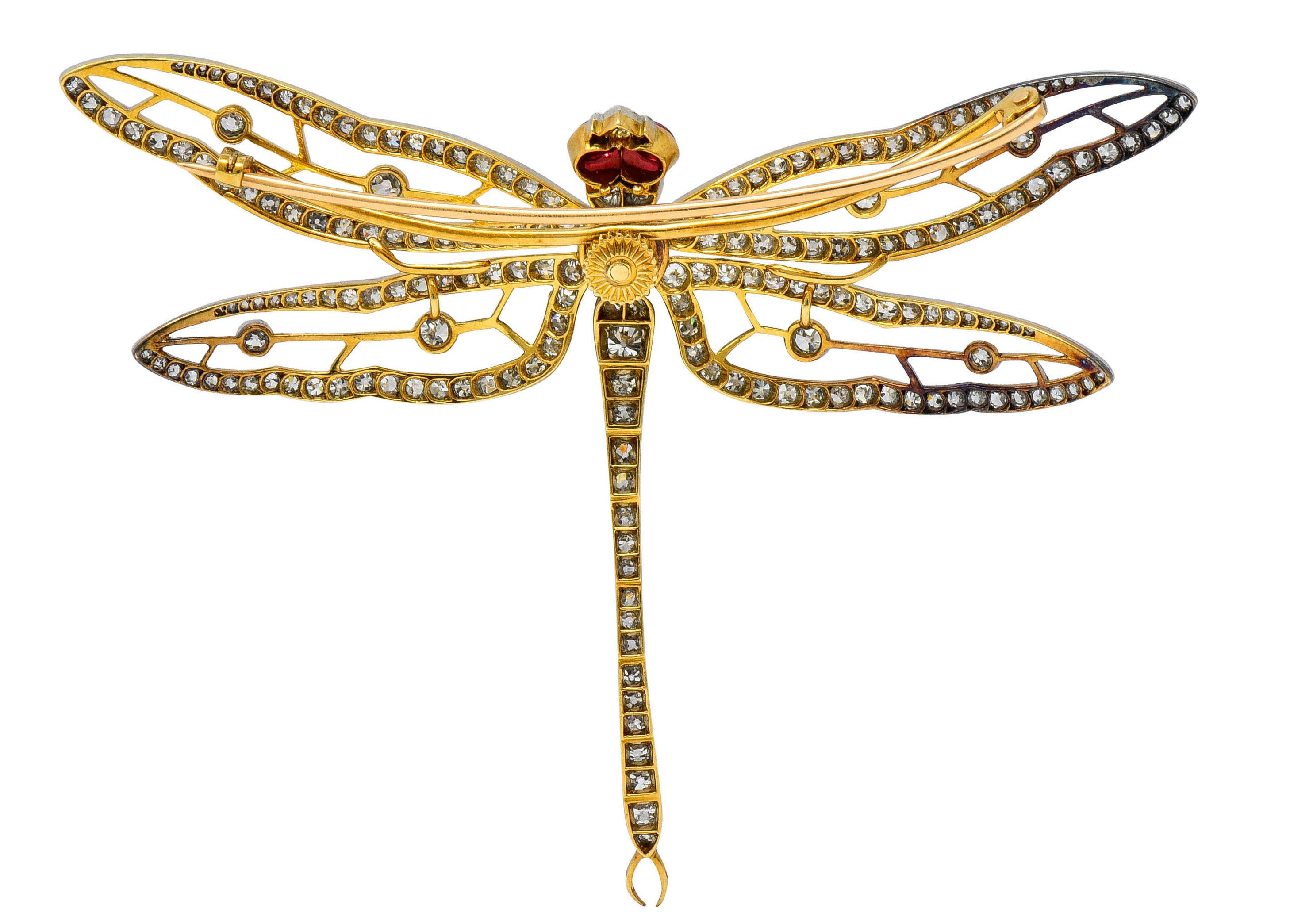 Substantial Edwardian Spinel Pearl Diamond Platinum 18 Karat Gold Dragonfly Broochbrooch - Wilson's Estate Jewelry