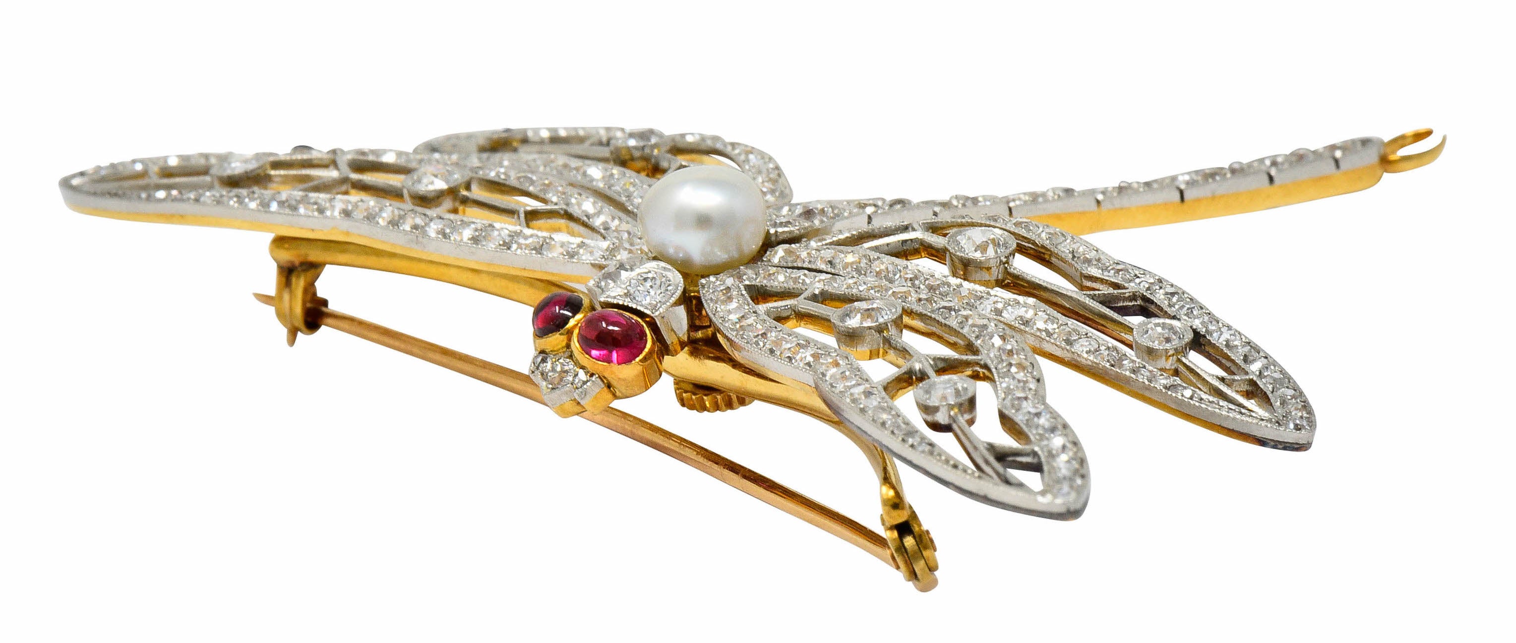 Substantial Edwardian Spinel Pearl Diamond Platinum 18 Karat Gold Dragonfly Broochbrooch - Wilson's Estate Jewelry