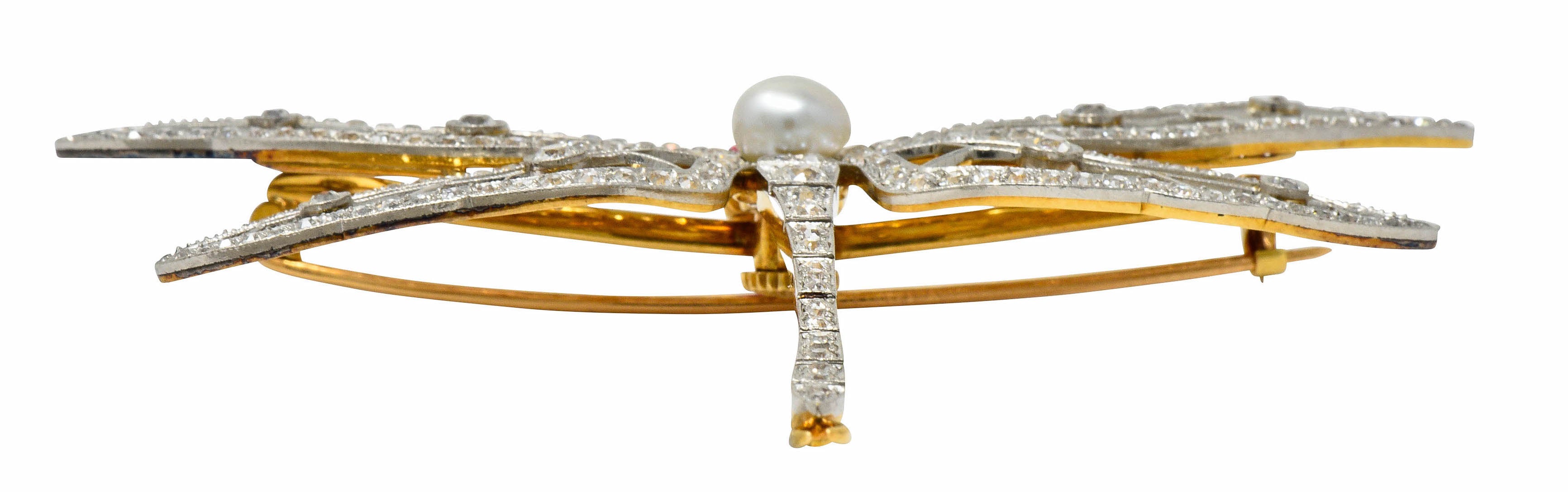 Substantial Edwardian Spinel Pearl Diamond Platinum 18 Karat Gold Dragonfly Broochbrooch - Wilson's Estate Jewelry