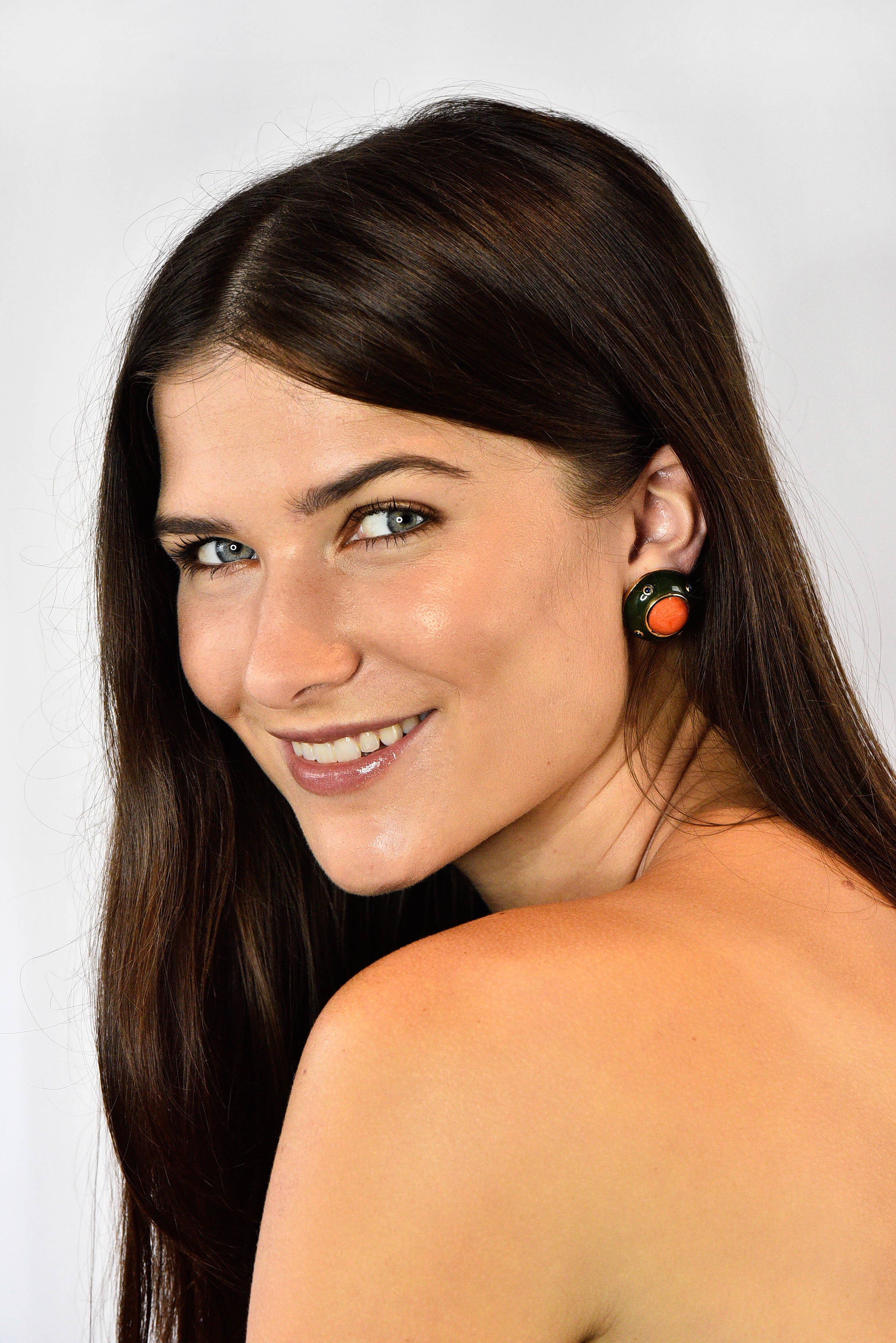 1990's Trianon Coral Jade Sapphire 14 Karat Gold Vintage Ear-Clip Earrings - Wilson's Estate Jewelry