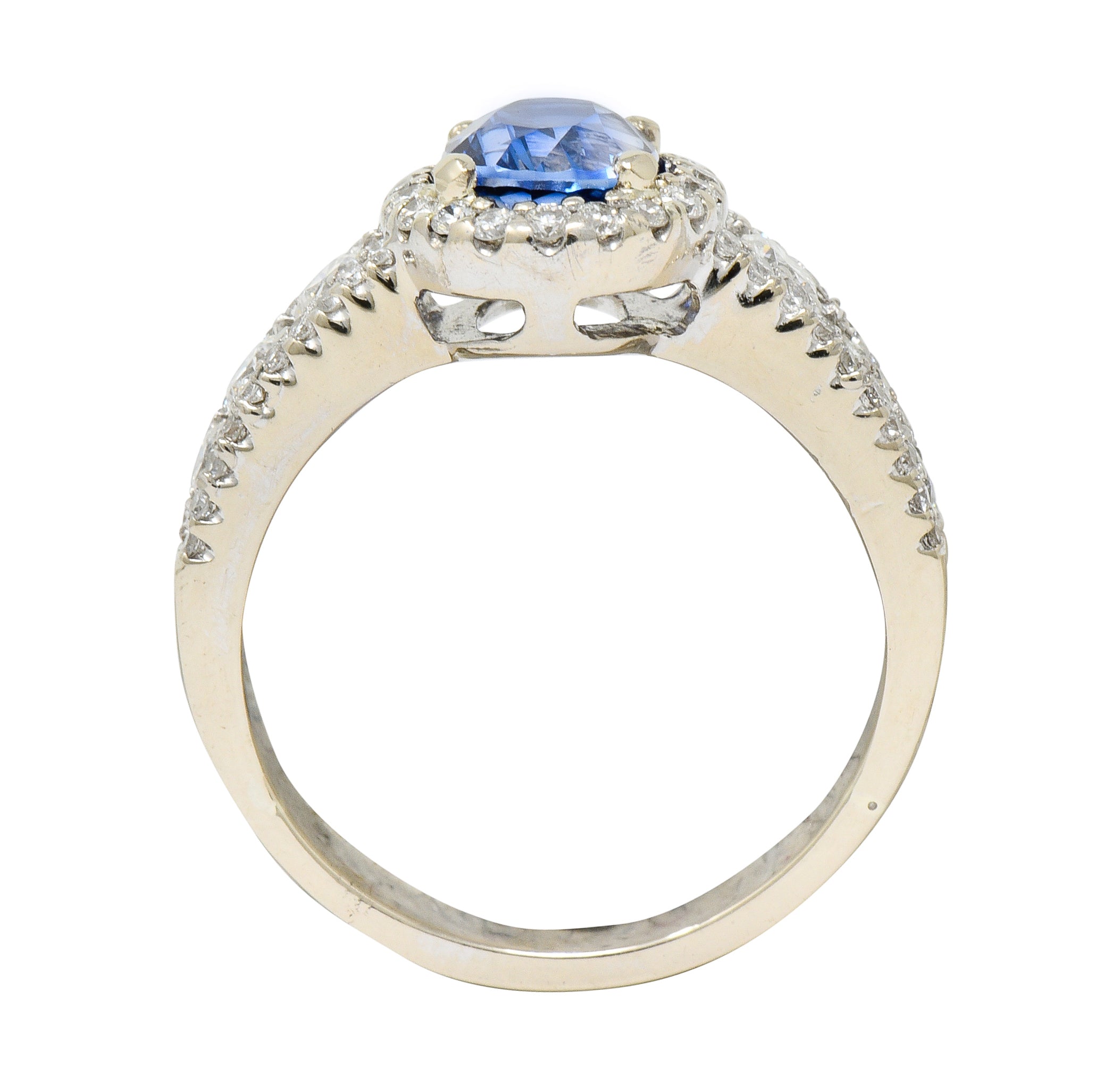 Contemporary 2.31 CTW Sapphire Diamond 18 Karat White Gold Halo Ring - Wilson's Estate Jewelry