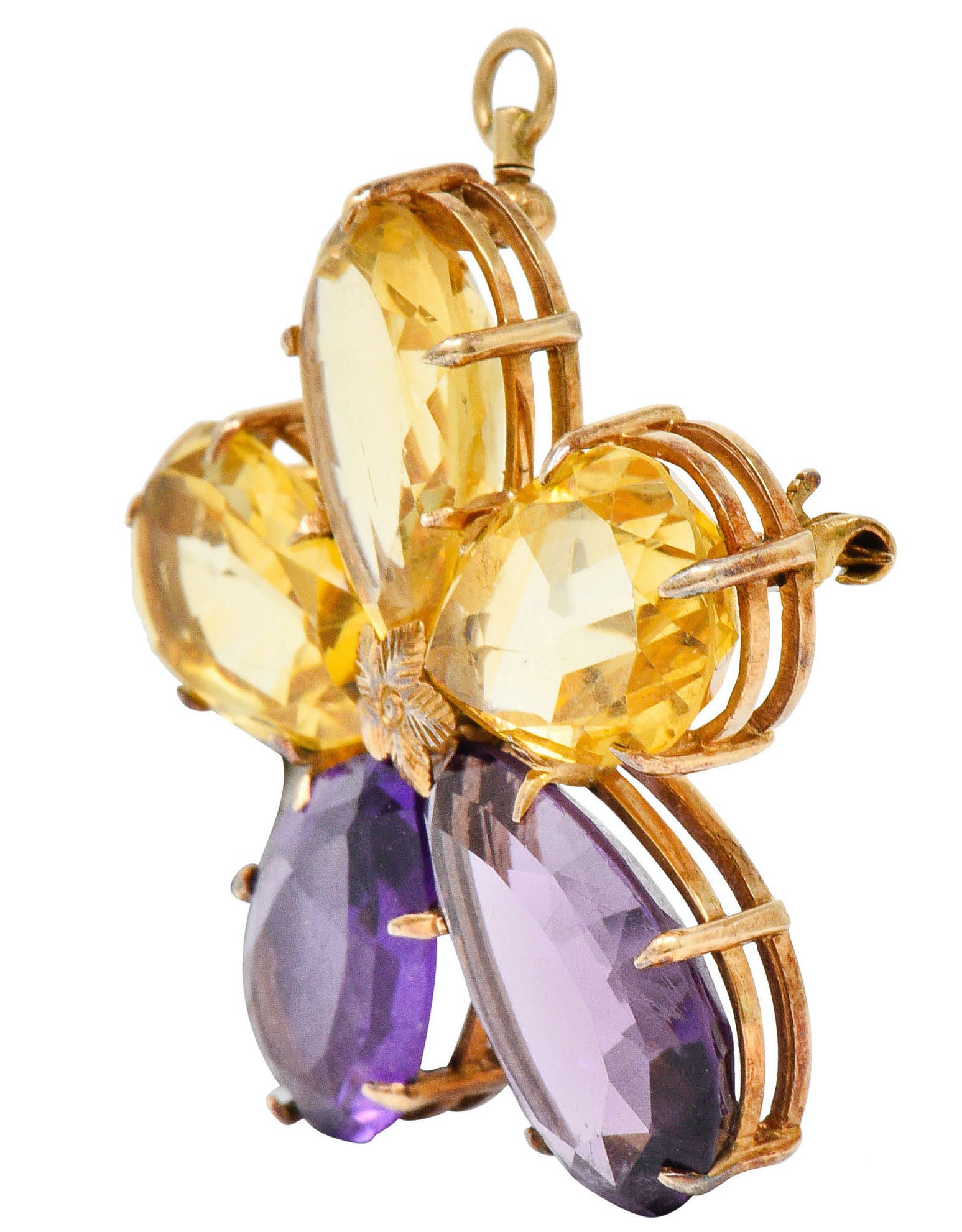 Art Nouveau Citrine Amethyst 14 Karat Rose Gold Flower Pendant BroochNecklace - Wilson's Estate Jewelry
