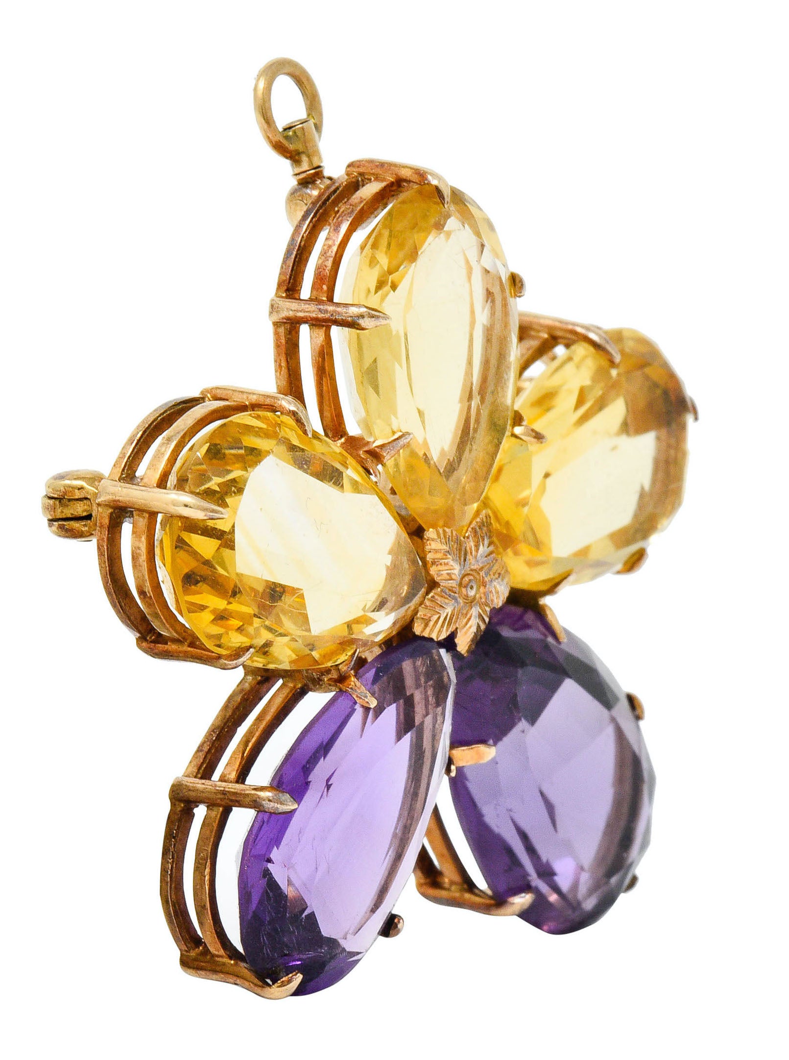 Art Nouveau Citrine Amethyst 14 Karat Rose Gold Flower Pendant BroochNecklace - Wilson's Estate Jewelry
