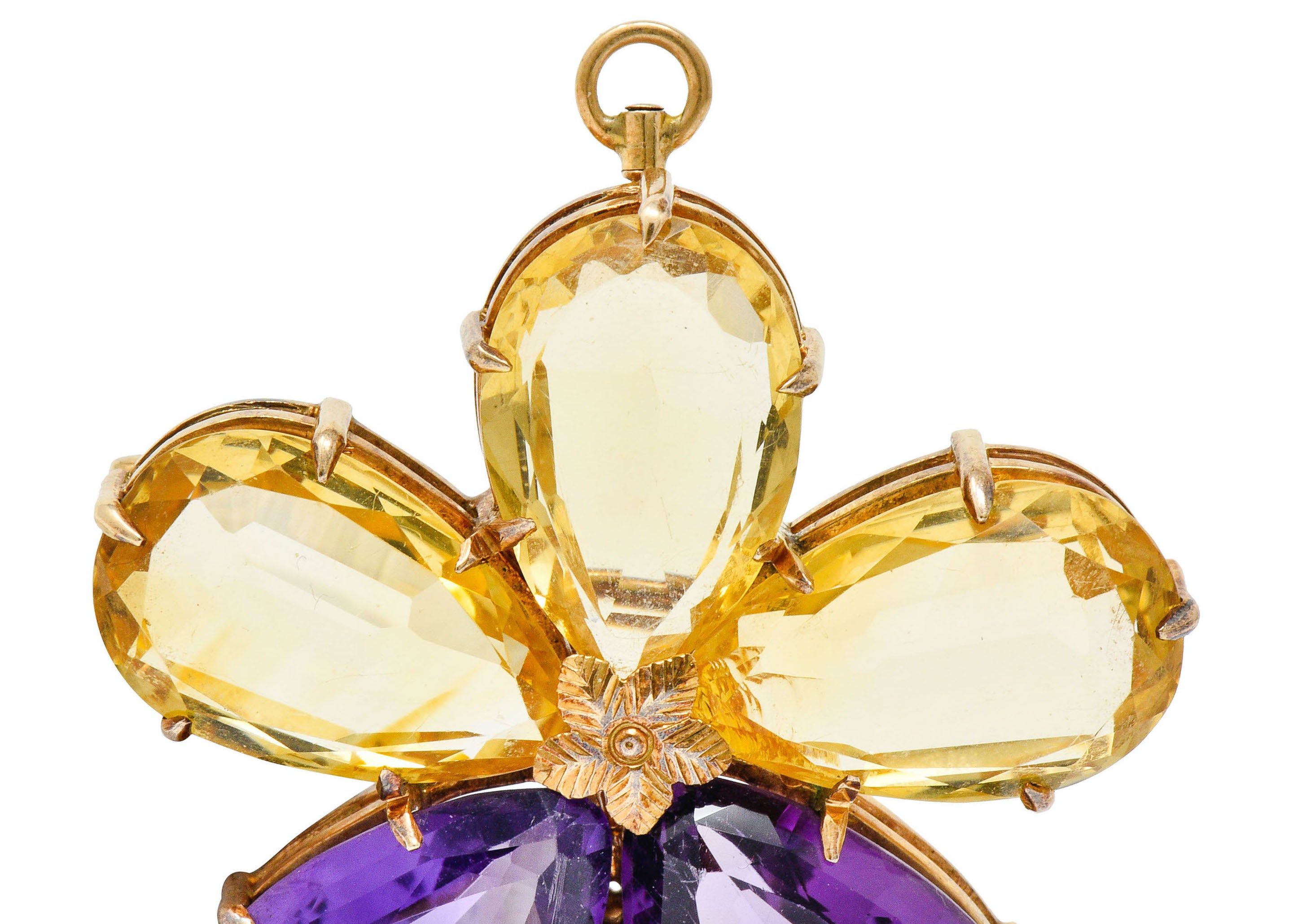 Art Nouveau Citrine Amethyst 14 Karat Rose Gold Flower Pendant BroochNecklace - Wilson's Estate Jewelry