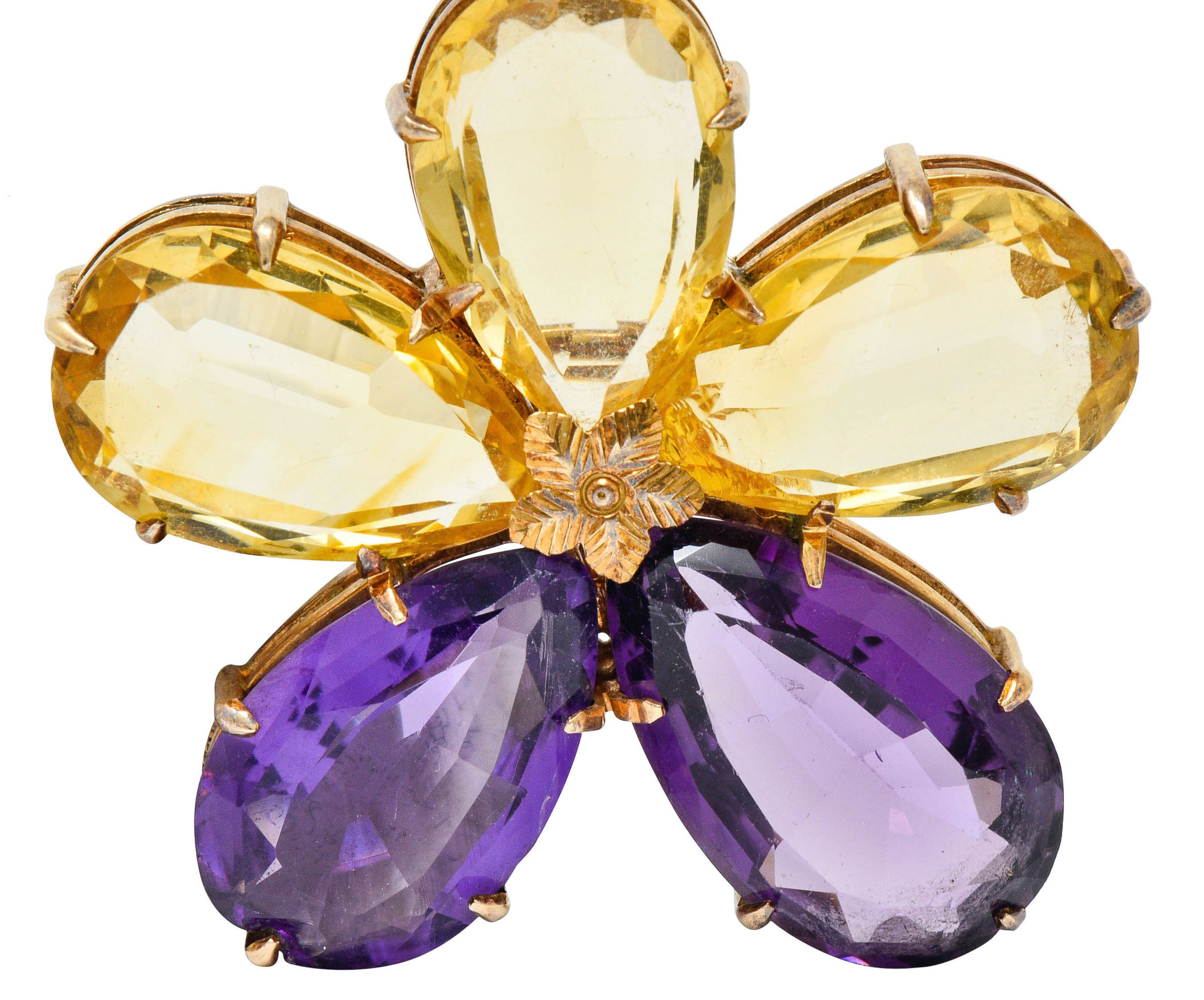 Art Nouveau Citrine Amethyst 14 Karat Rose Gold Flower Pendant BroochNecklace - Wilson's Estate Jewelry