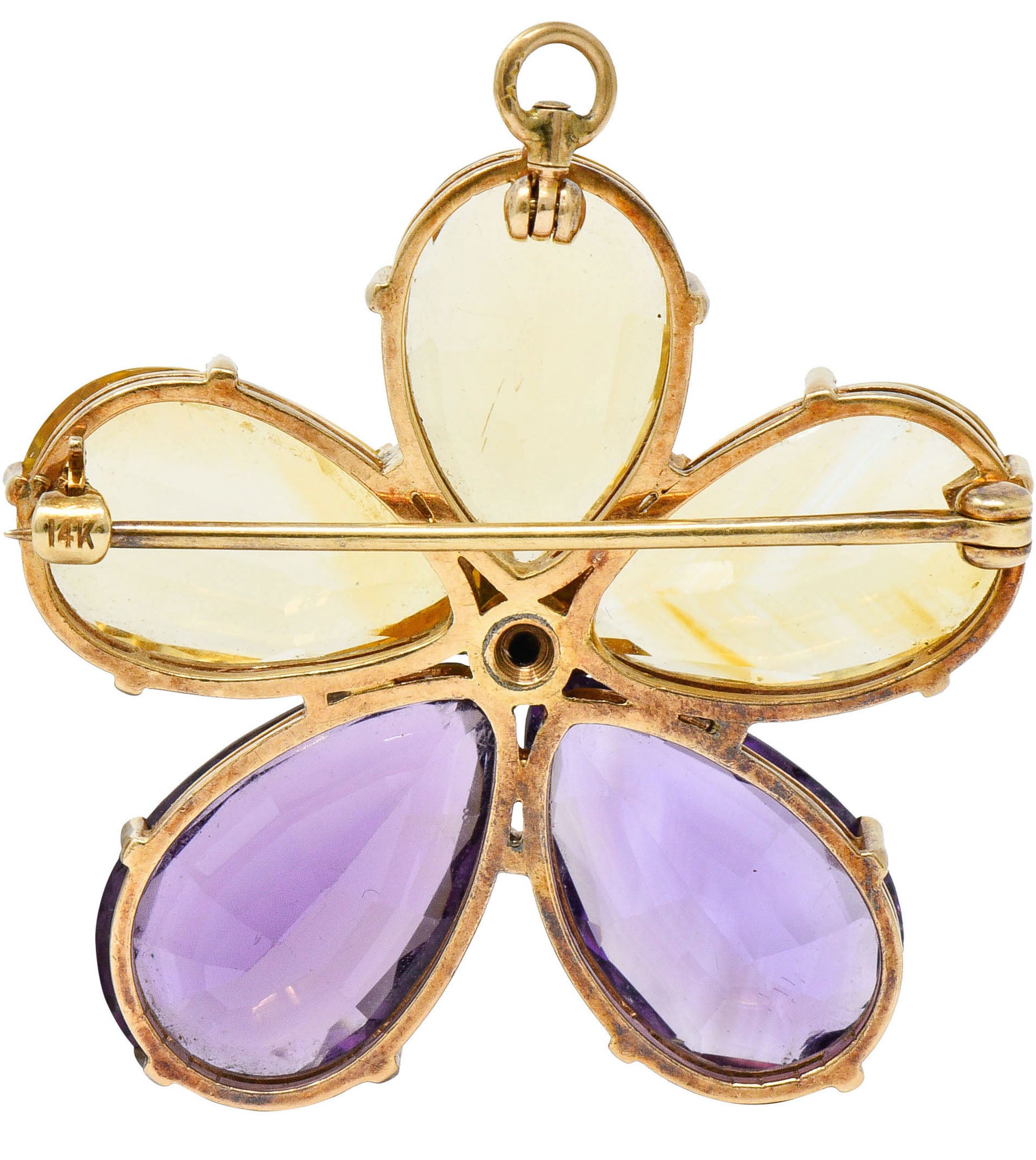 Art Nouveau Citrine Amethyst 14 Karat Rose Gold Flower Pendant BroochNecklace - Wilson's Estate Jewelry
