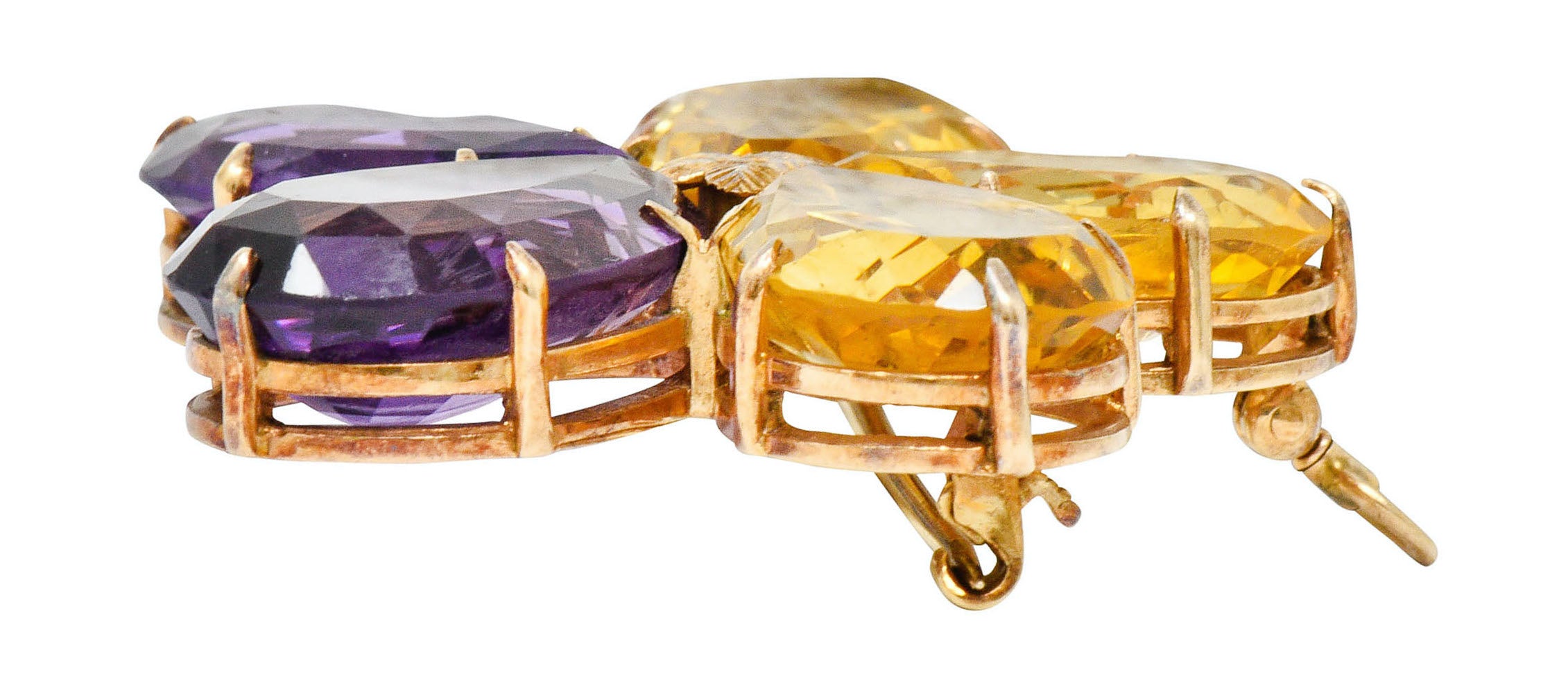 Art Nouveau Citrine Amethyst 14 Karat Rose Gold Flower Pendant BroochNecklace - Wilson's Estate Jewelry