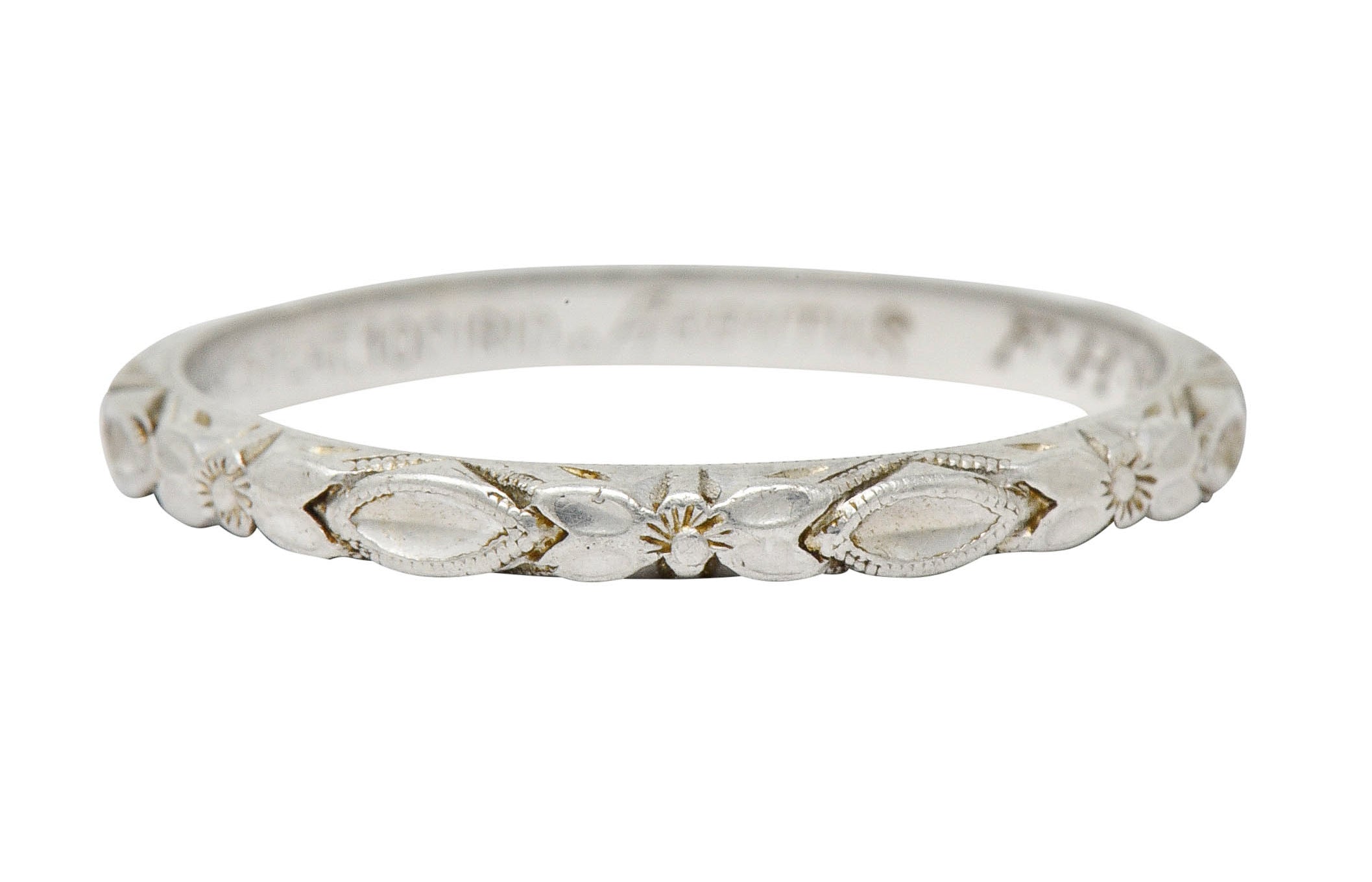 Art Deco Platinum Raised Flower Wedding Band Ring - Wilson's Estate Jewelry