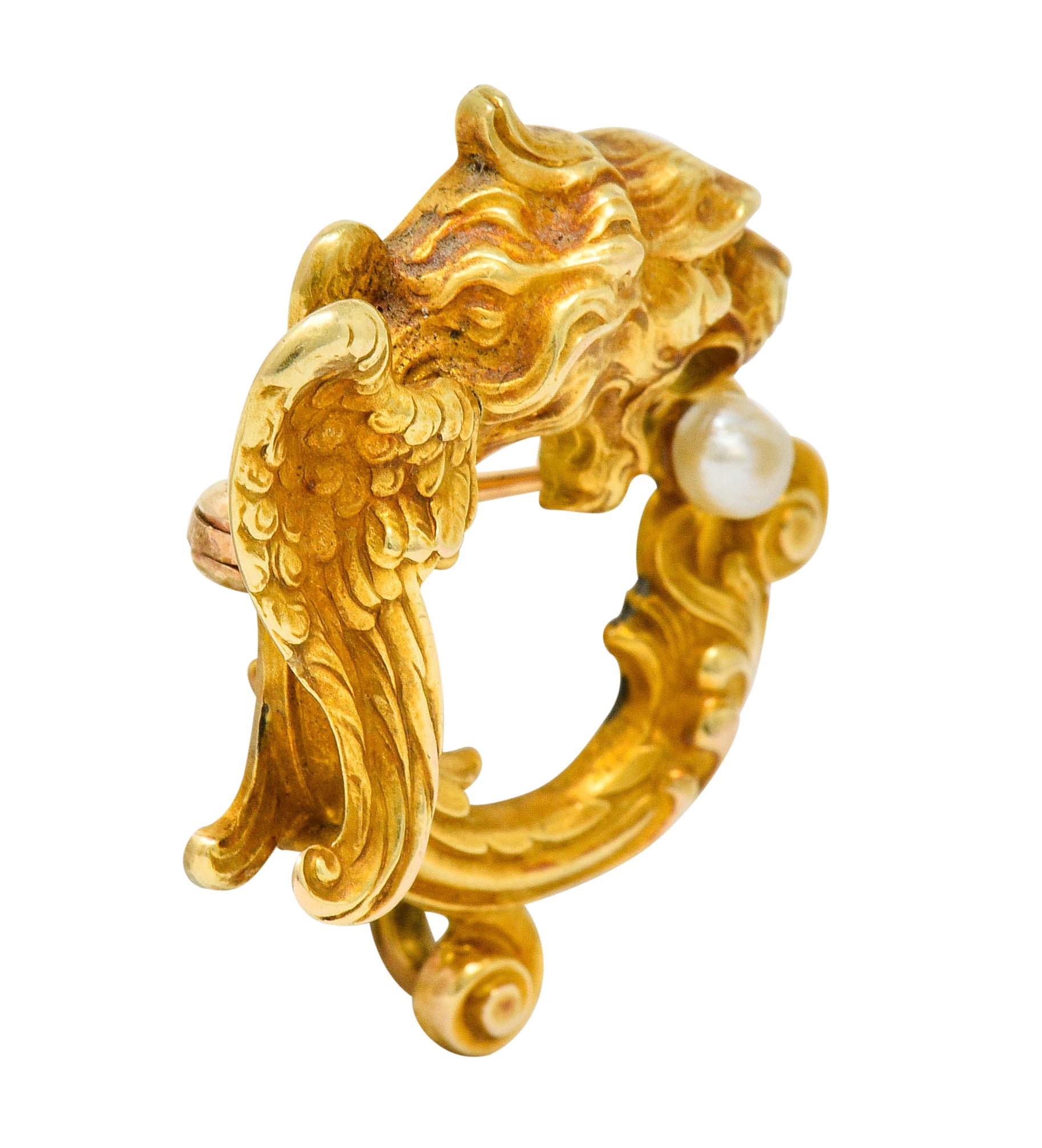 Whiteside & Blank Art Nouveau Baroque Pearl 14 Karat Gold Winged Lion Brooch - Wilson's Estate Jewelry