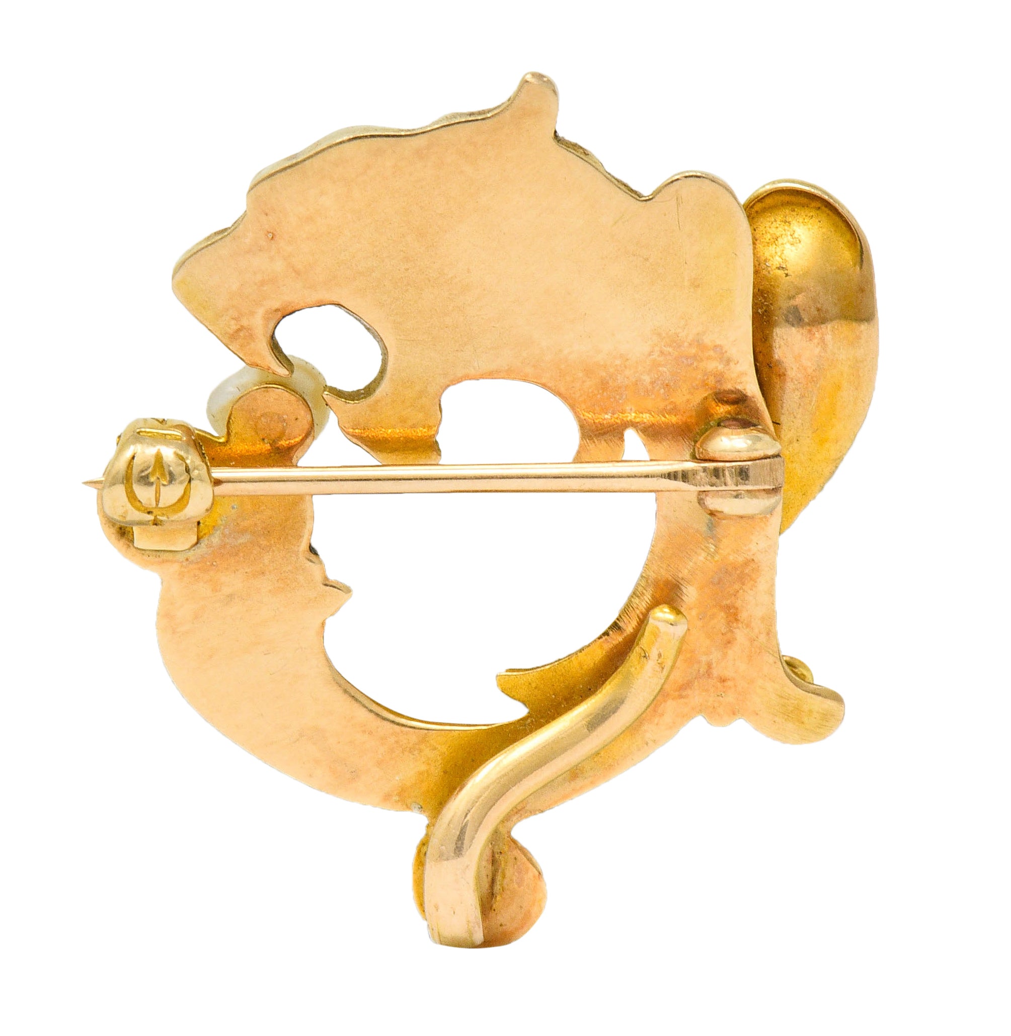 Whiteside & Blank Art Nouveau Baroque Pearl 14 Karat Gold Winged Lion Brooch - Wilson's Estate Jewelry