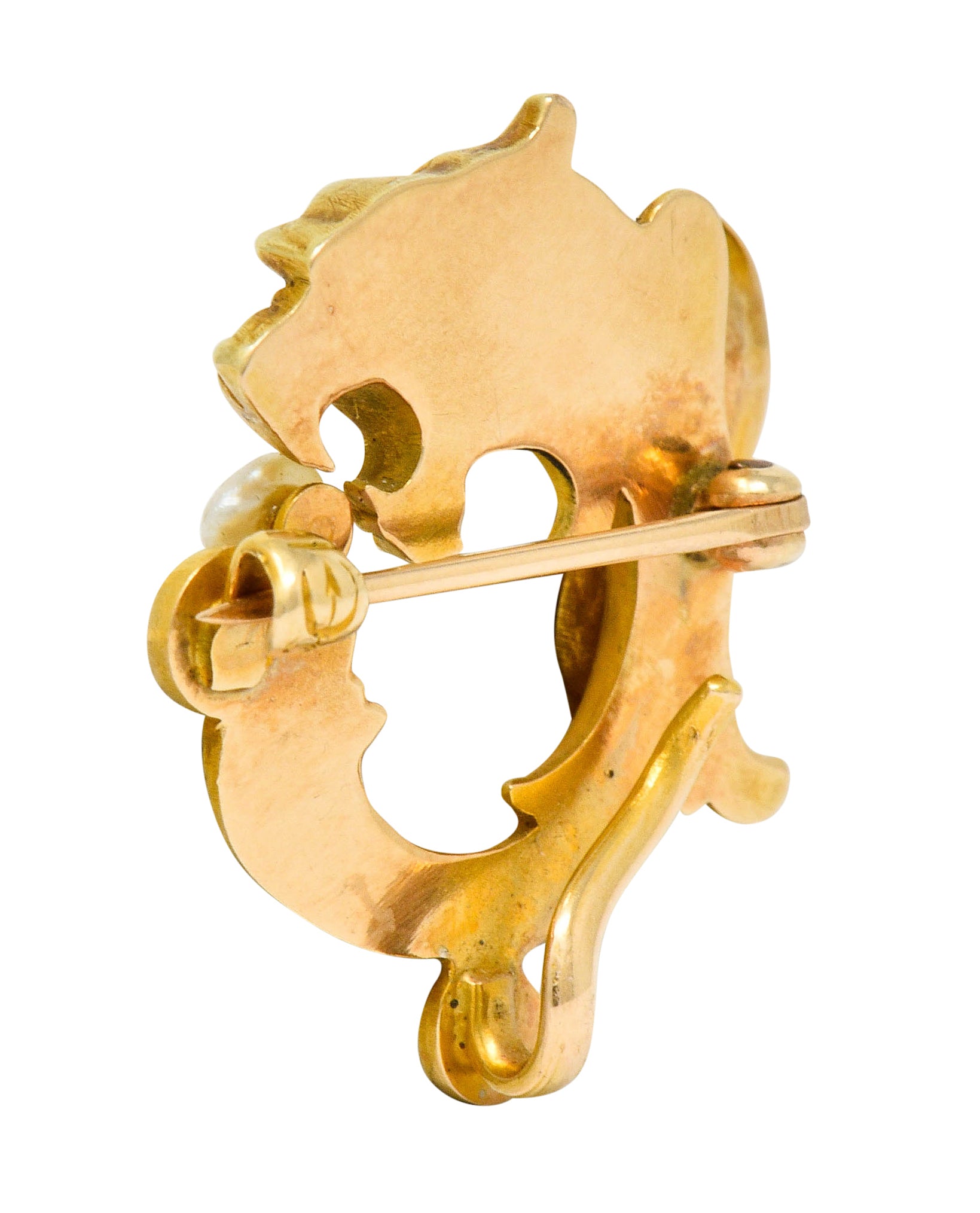 Whiteside & Blank Art Nouveau Baroque Pearl 14 Karat Gold Winged Lion Brooch - Wilson's Estate Jewelry