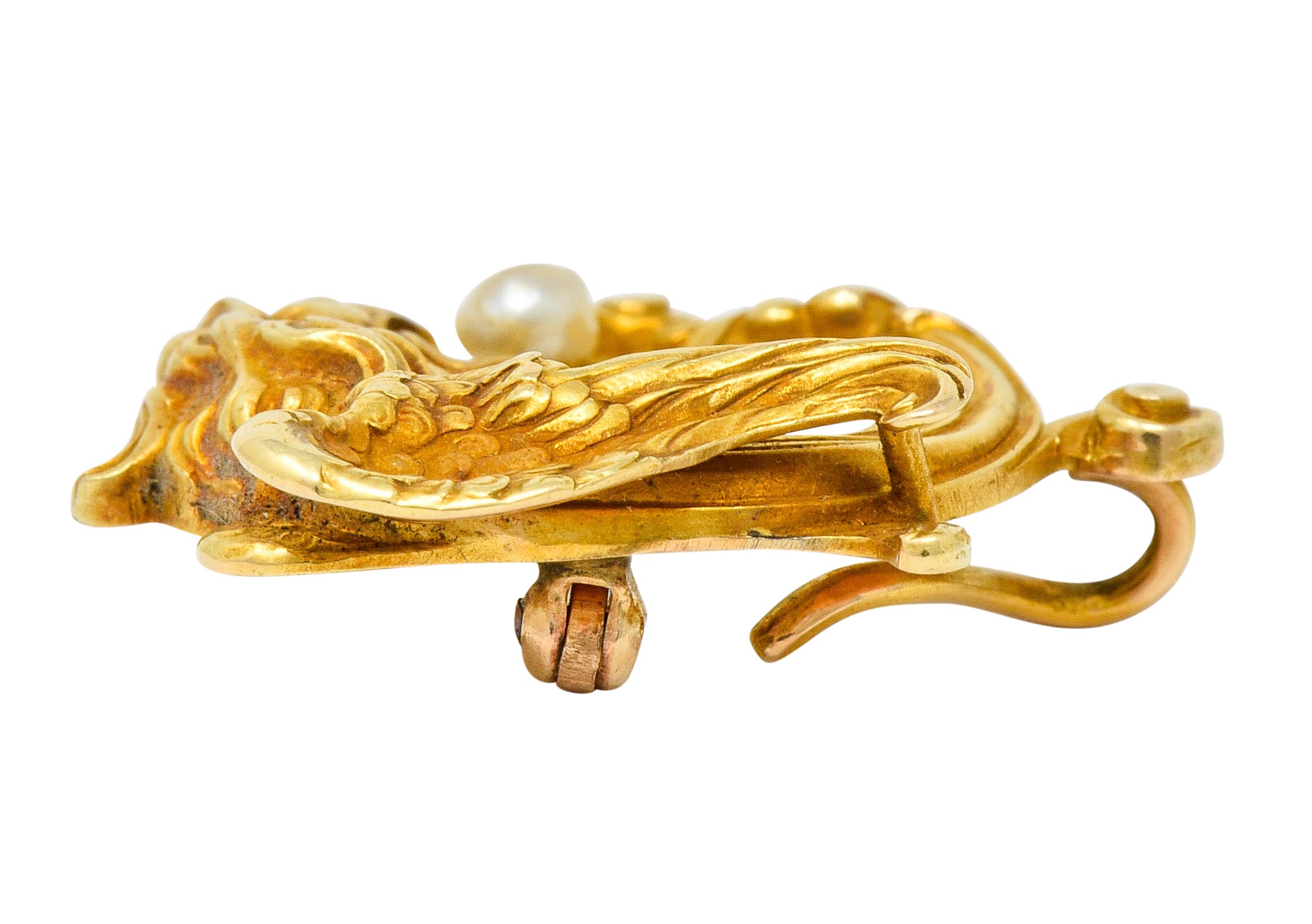 Whiteside & Blank Art Nouveau Baroque Pearl 14 Karat Gold Winged Lion Brooch - Wilson's Estate Jewelry