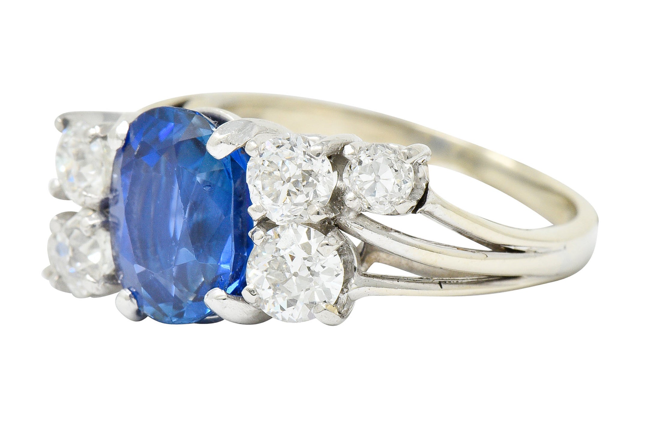 Retro 4.72 CTW No Heat Ceylon Sapphire Diamond 14 Karat White Gold Bypass Cluster Ring GIARing - Wilson's Estate Jewelry