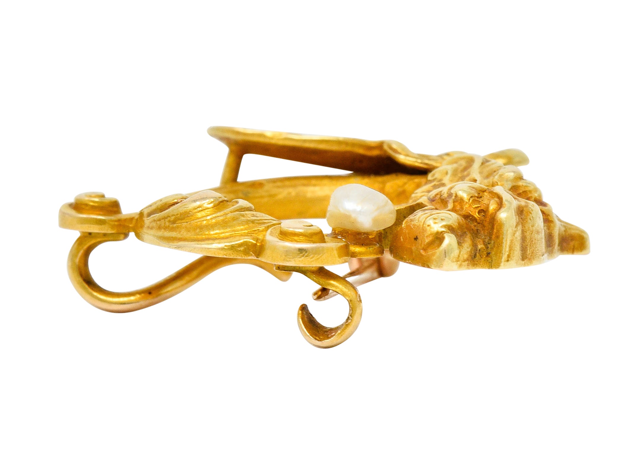 Whiteside & Blank Art Nouveau Baroque Pearl 14 Karat Gold Winged Lion Brooch - Wilson's Estate Jewelry