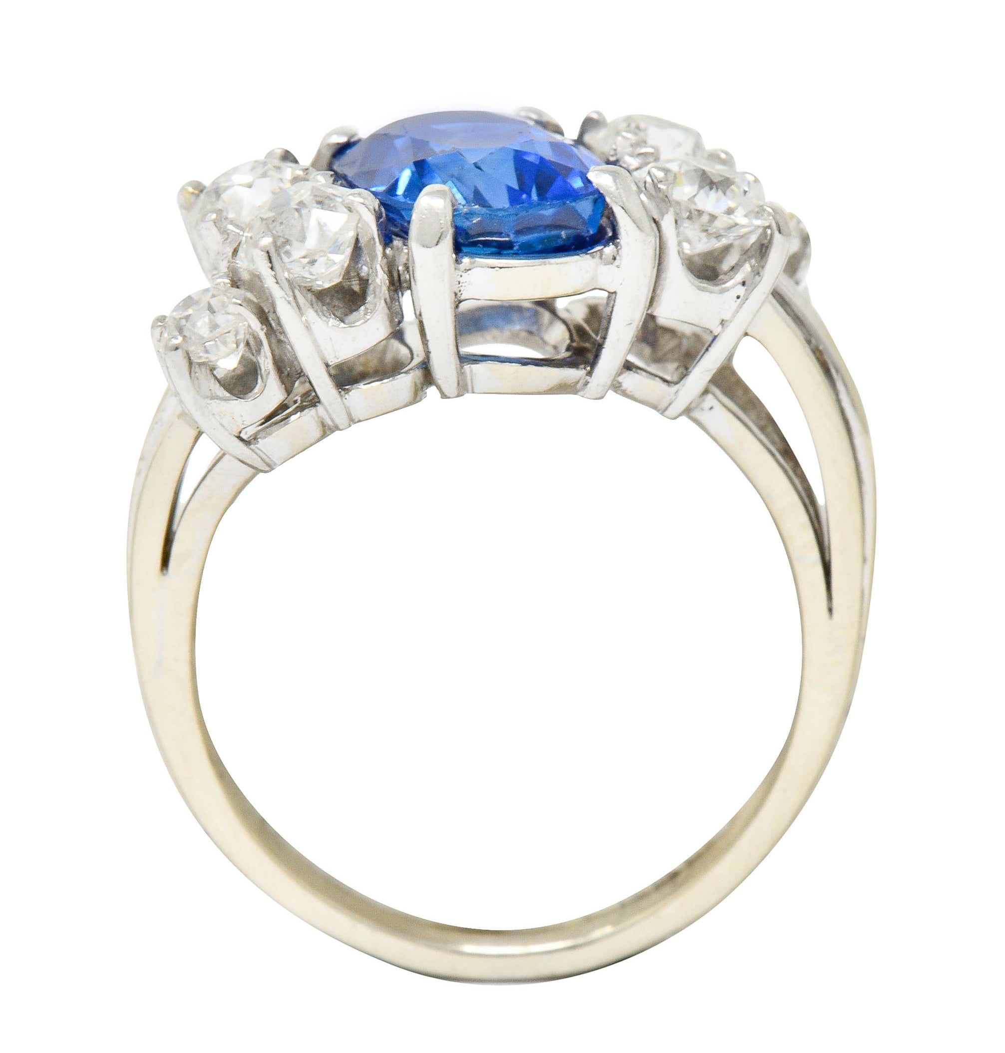 Retro 4.72 CTW No Heat Ceylon Sapphire Diamond 14 Karat White Gold Bypass Cluster Ring GIARing - Wilson's Estate Jewelry