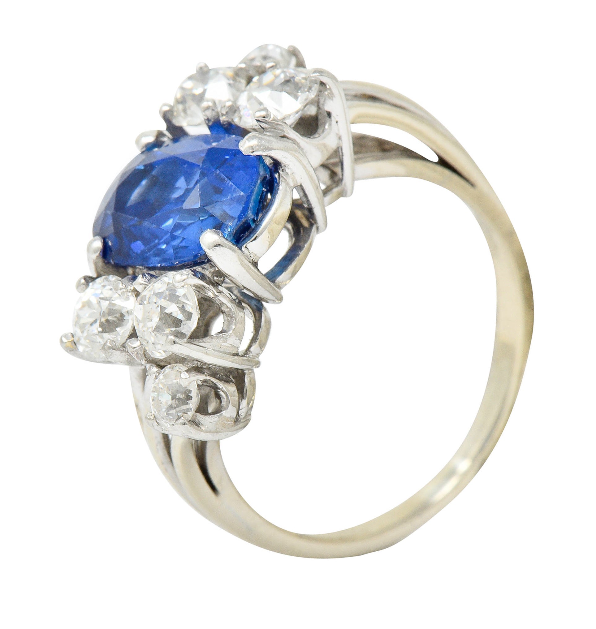 Retro 4.72 CTW No Heat Ceylon Sapphire Diamond 14 Karat White Gold Bypass Cluster Ring GIARing - Wilson's Estate Jewelry
