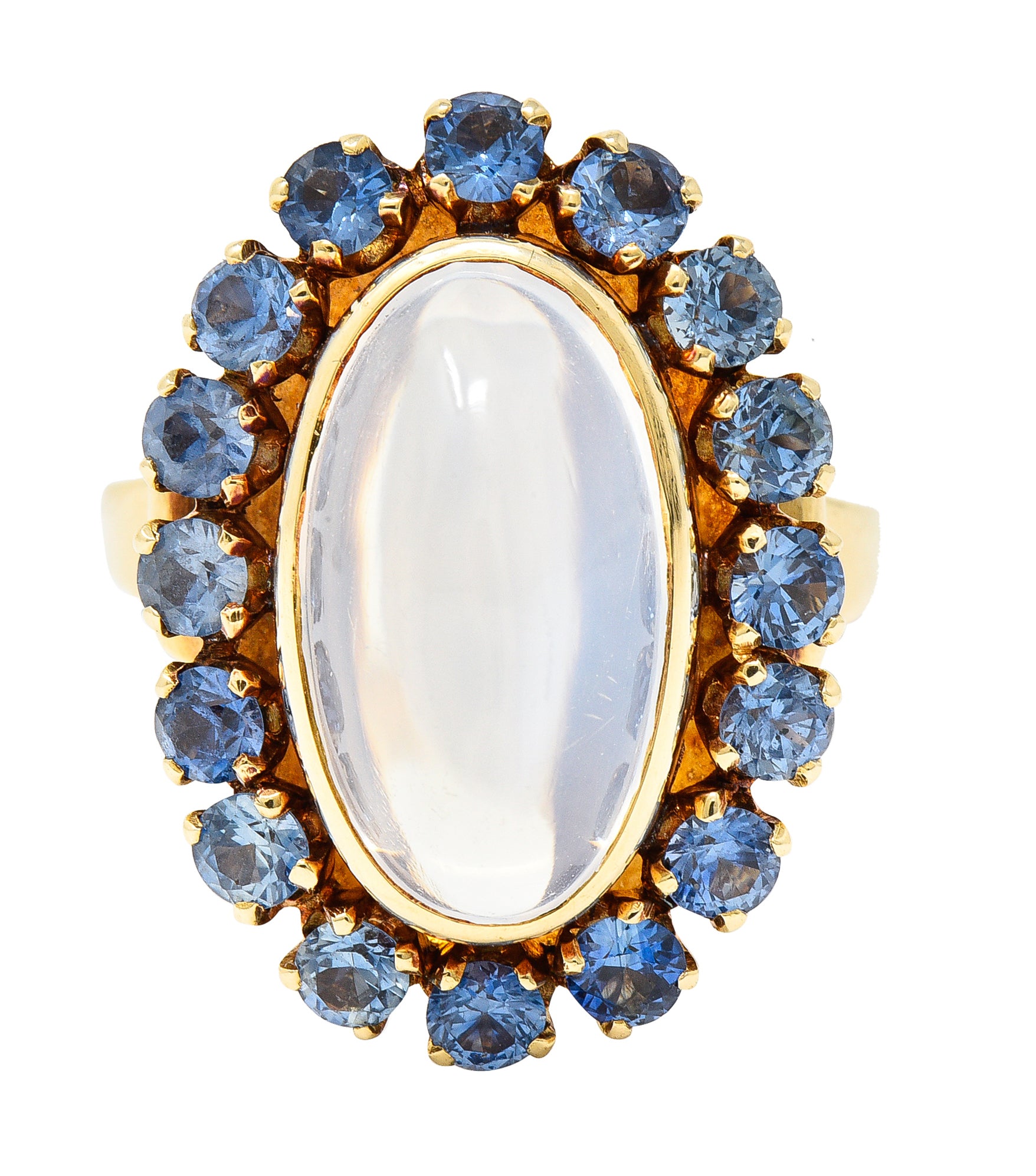 Wordley Allsopp & Bliss Co. Retro Moonstone Sapphire 14 Karat Yellow Gold Halo Cluster Vintage Ring Wilson's Estate Jewelry