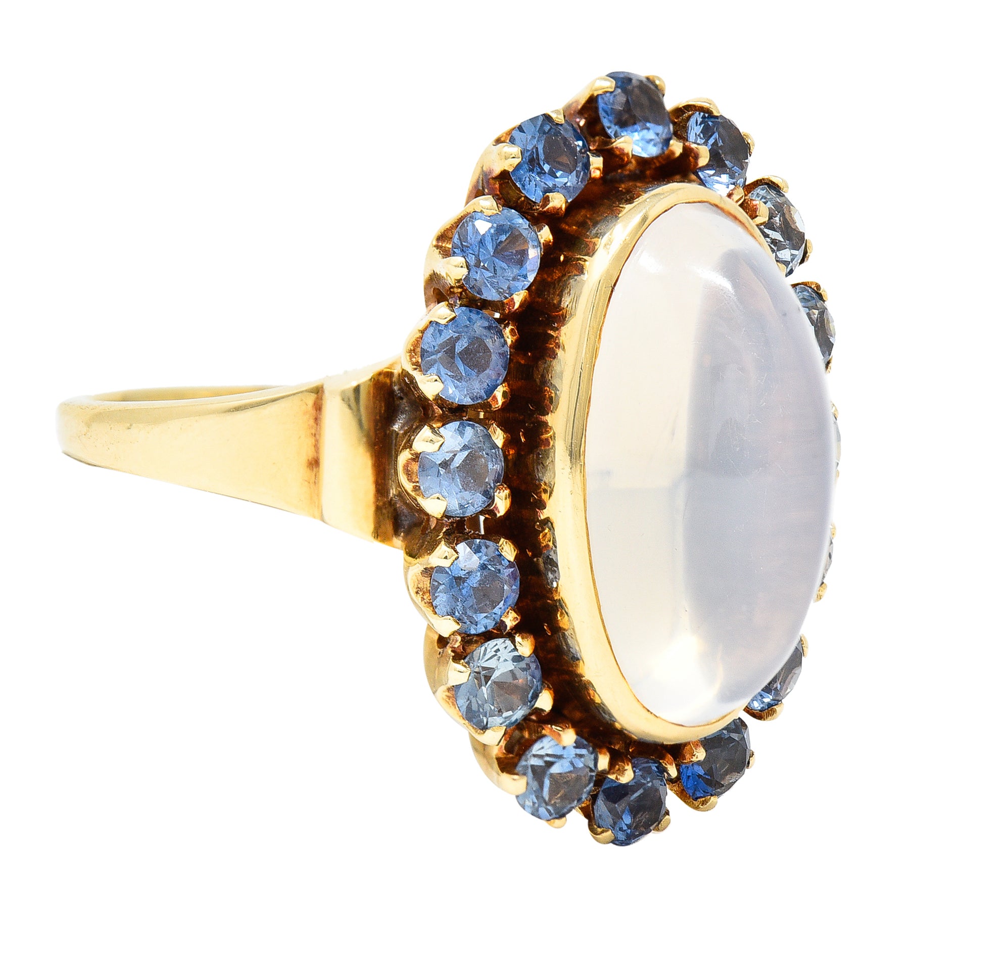 Wordley Allsopp & Bliss Co. Retro Moonstone Sapphire 14 Karat Yellow Gold Halo Cluster Vintage Ring Wilson's Estate Jewelry