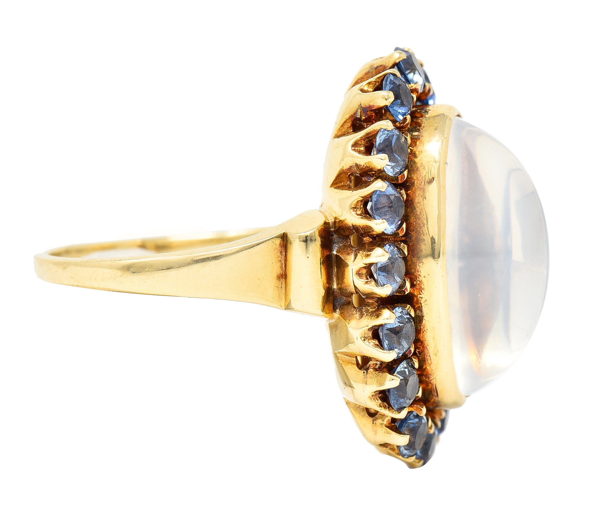 Wordley Allsopp & Bliss Co. Retro Moonstone Sapphire 14 Karat Yellow Gold Halo Cluster Vintage Ring Wilson's Estate Jewelry