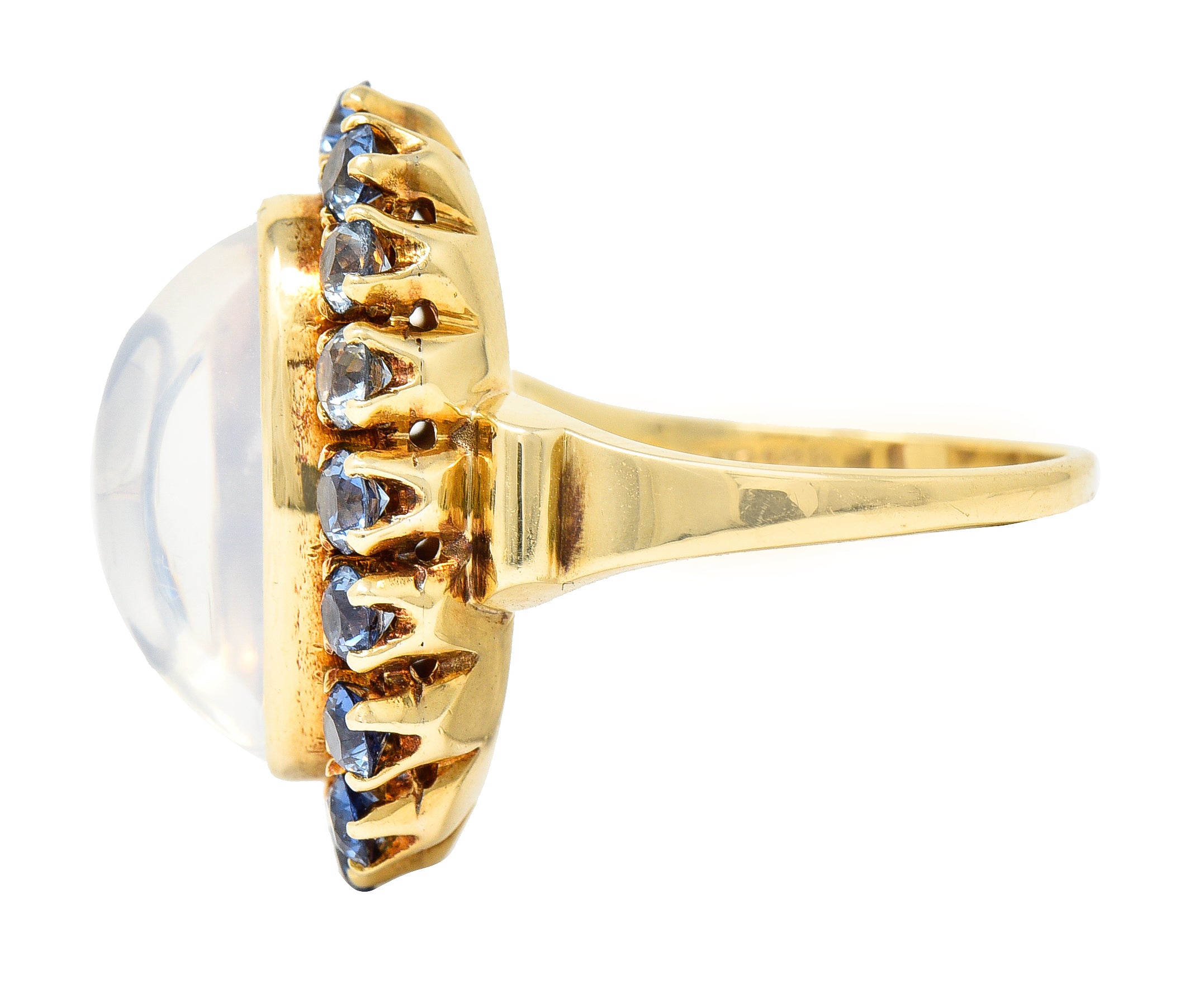 Wordley Allsopp & Bliss Co. Retro Moonstone Sapphire 14 Karat Yellow Gold Halo Cluster Vintage Ring Wilson's Estate Jewelry