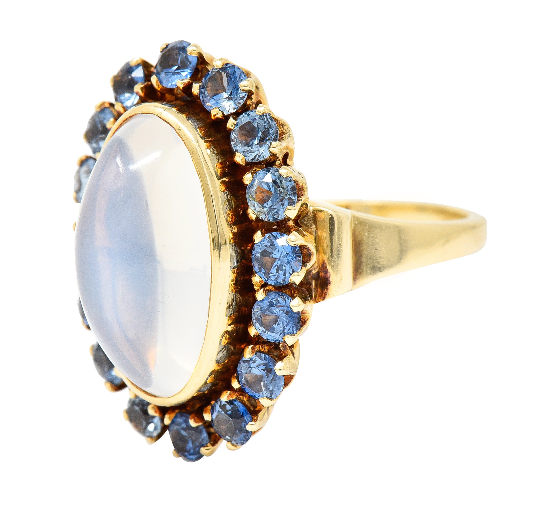 Wordley Allsopp & Bliss Co. Retro Moonstone Sapphire 14 Karat Yellow Gold Halo Cluster Vintage Ring Wilson's Estate Jewelry