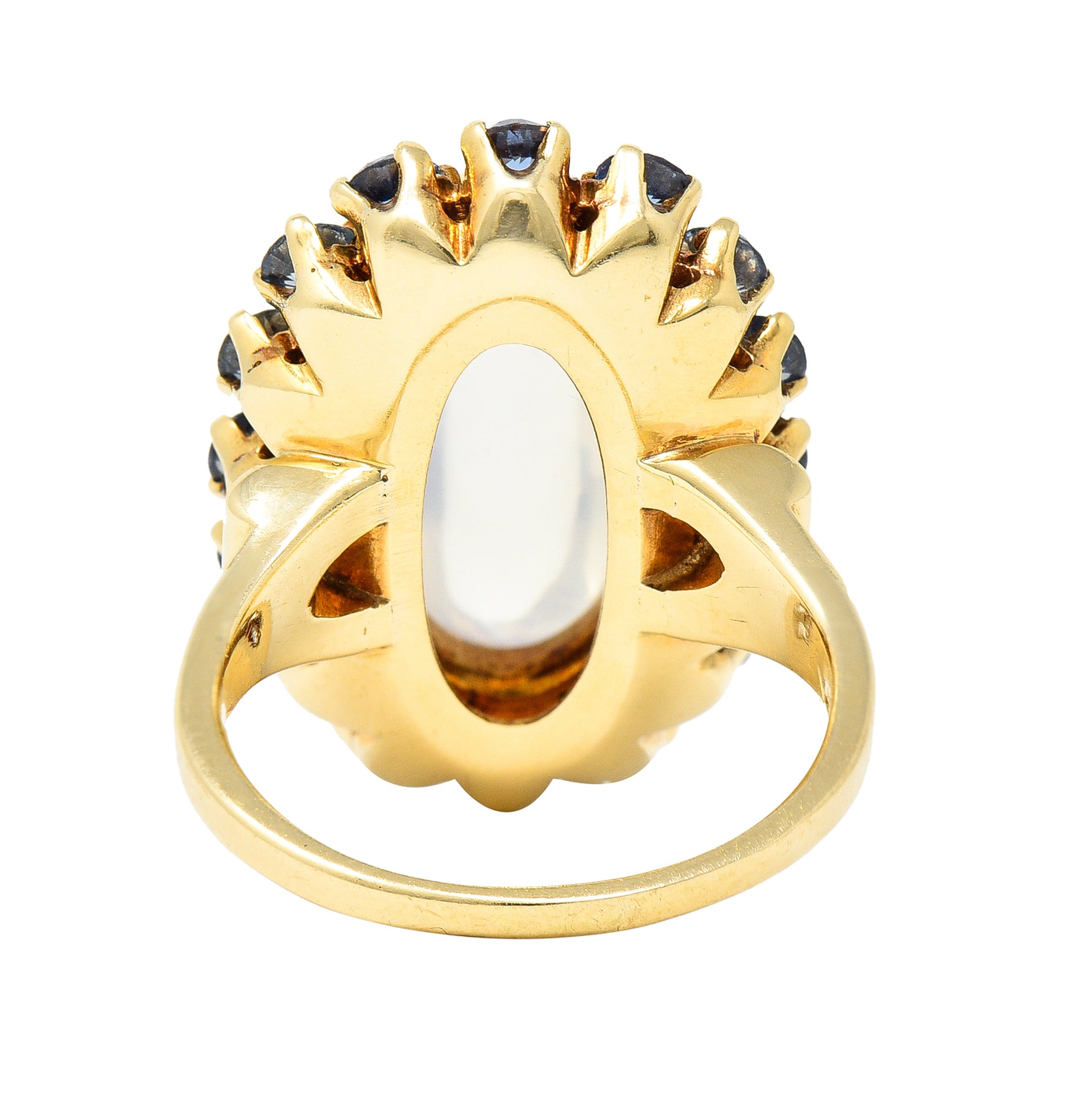 Wordley Allsopp & Bliss Co. Retro Moonstone Sapphire 14 Karat Yellow Gold Halo Cluster Vintage Ring Wilson's Estate Jewelry