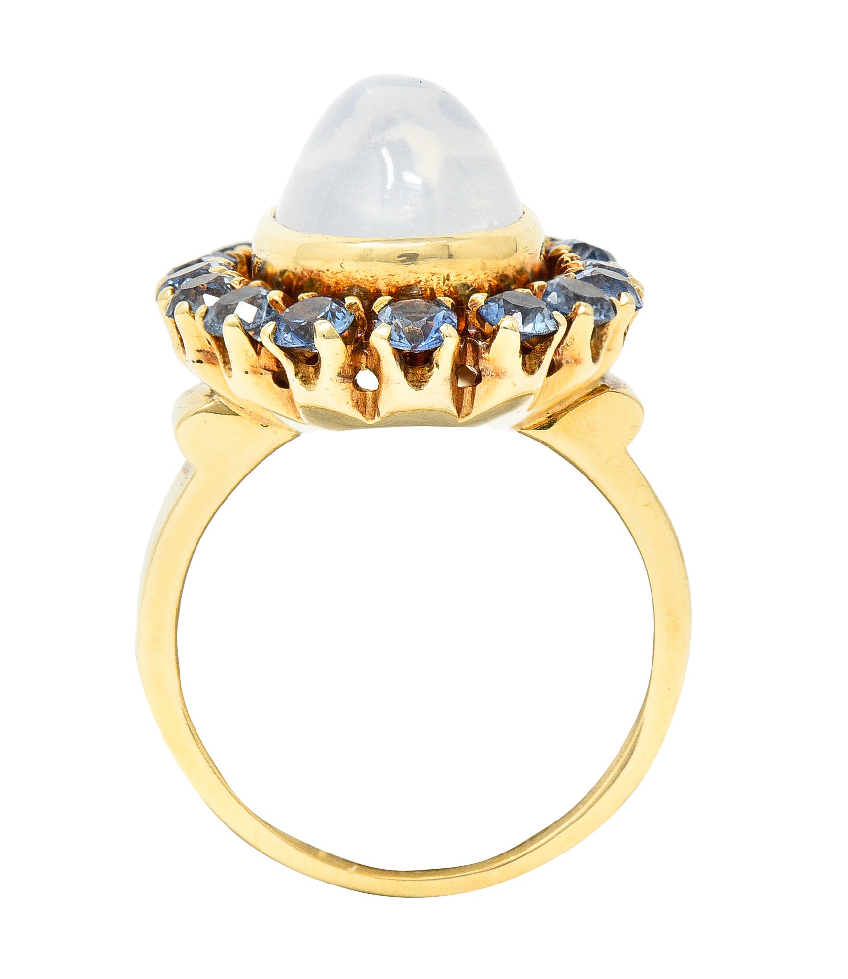 Wordley Allsopp & Bliss Co. Retro Moonstone Sapphire 14 Karat Yellow Gold Halo Cluster Vintage Ring Wilson's Estate Jewelry