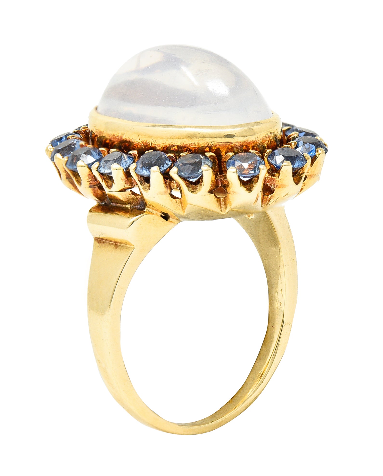 Wordley Allsopp & Bliss Co. Retro Moonstone Sapphire 14 Karat Yellow Gold Halo Cluster Vintage Ring Wilson's Estate Jewelry