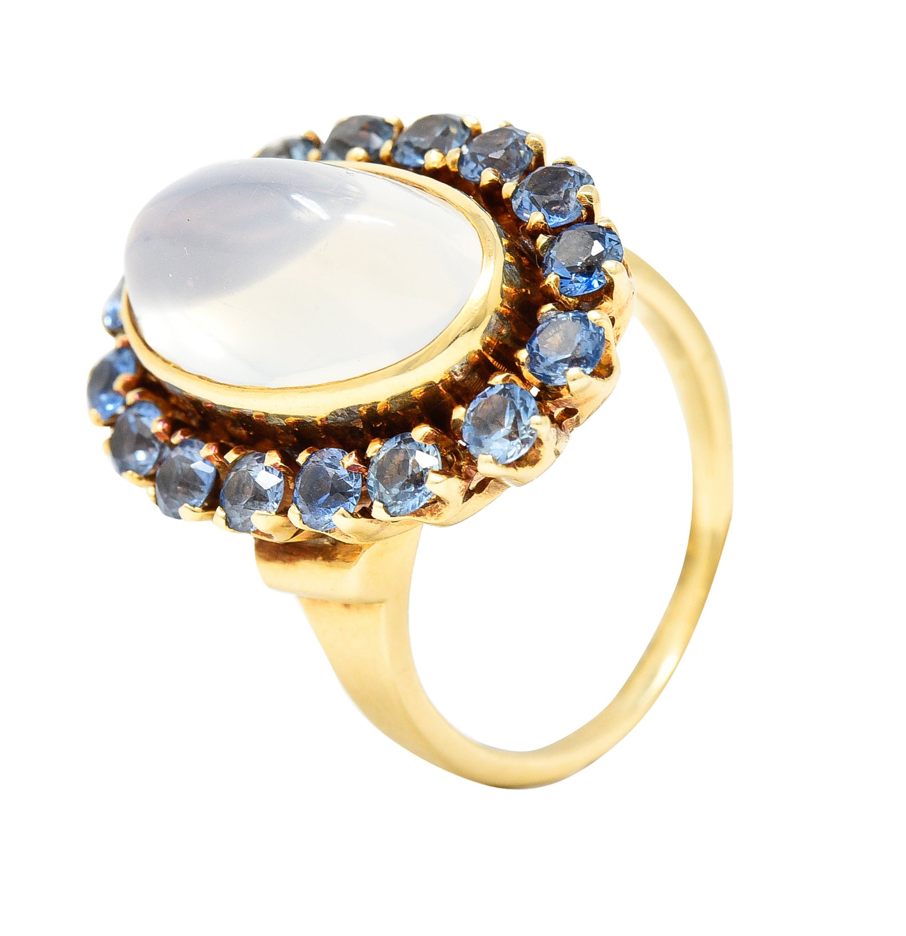 Wordley Allsopp & Bliss Co. Retro Moonstone Sapphire 14 Karat Yellow Gold Halo Cluster Vintage Ring Wilson's Estate Jewelry